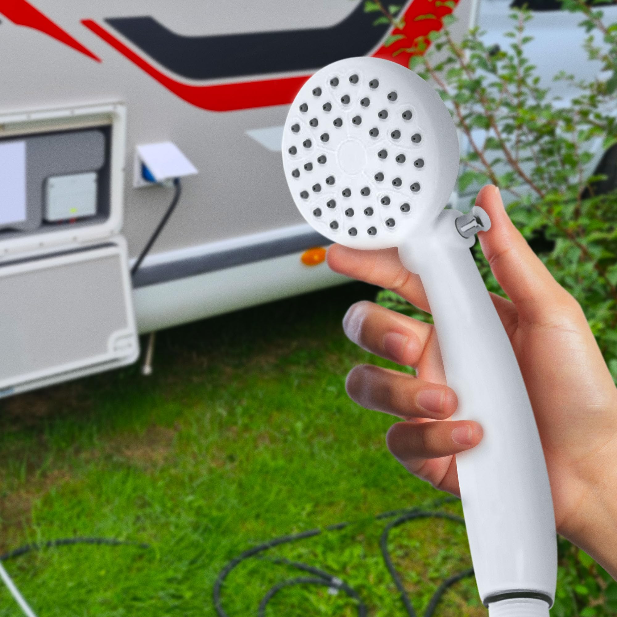 RV Outdoor Shower Head Camco | High Flow Shower Head | Conserve Water with Convenient On/Off Switch | White (44023)