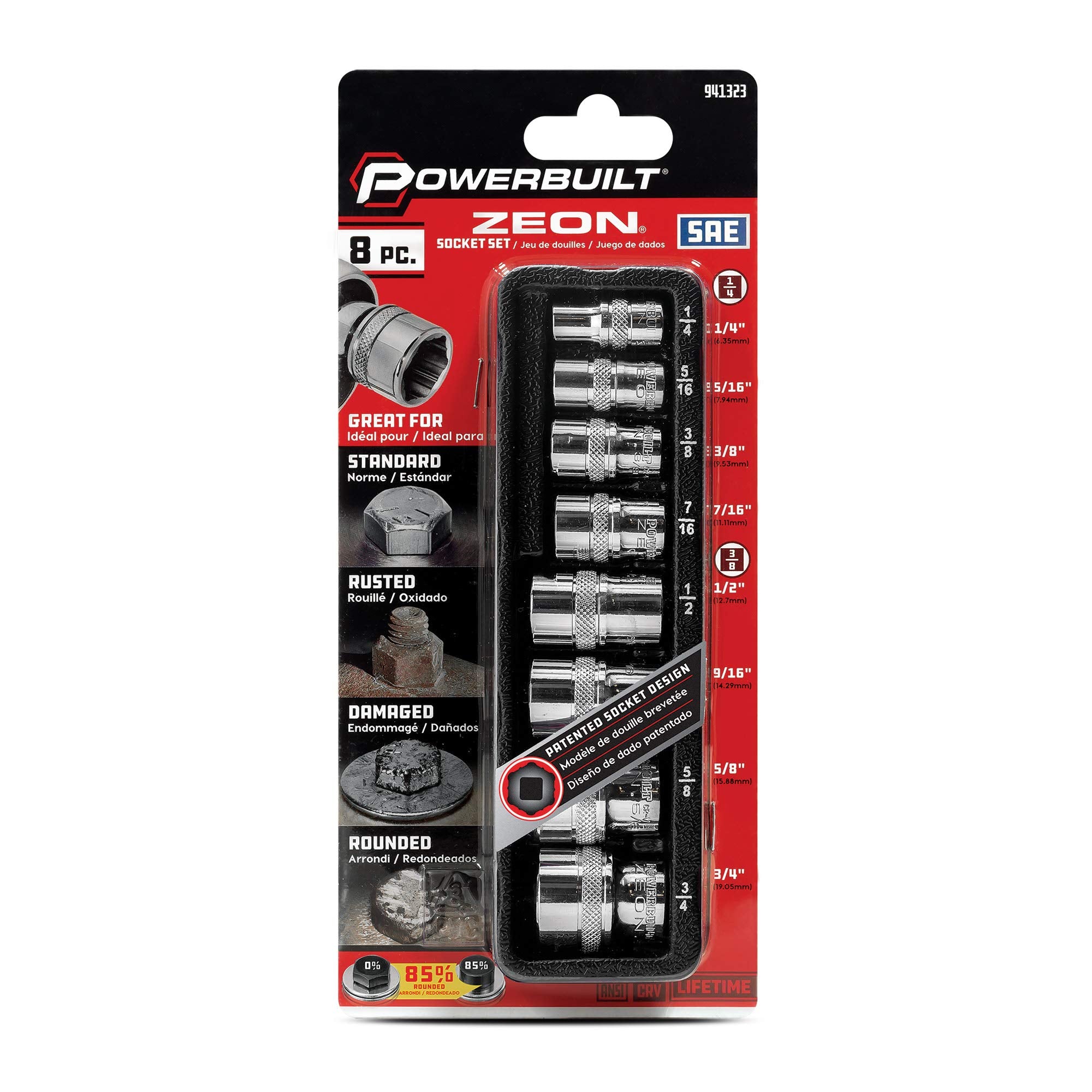 Powerbuilt 941323 Zeon 8 Piece SAE Socket Set - with use for Standard, Rusted, Rounded Bolts and Nuts, Size from 1/4" to 3/4"