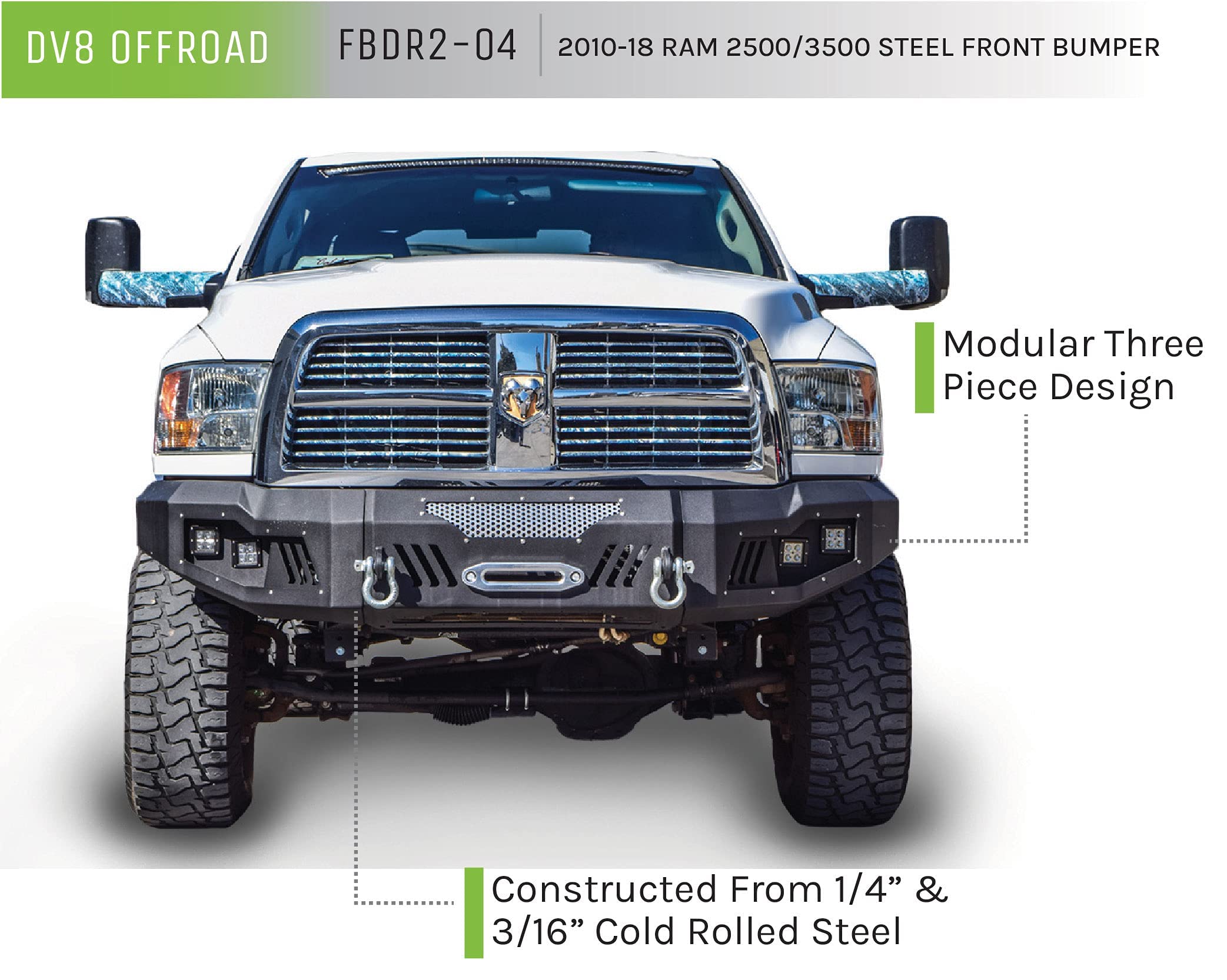 Front Bumper DV8 Offroad for 2010-2018 RAM 2500 & 3500 | Lighter than ordinary steel bumpers | Accommodates up to a 12,000 lb winch | 3-piece design