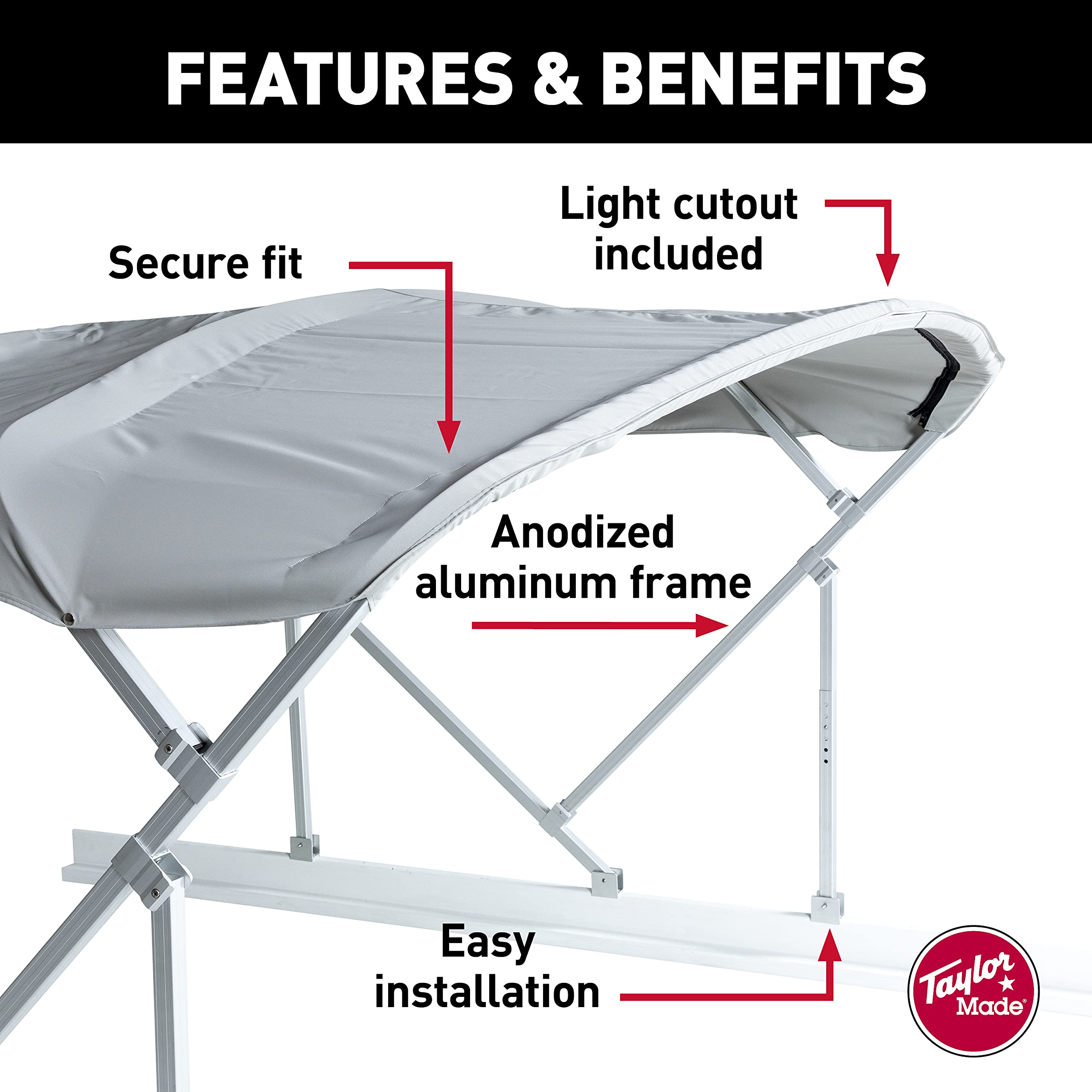 Bimini Top Kit Manual for Boats TAYLOR MADE PRODUCTS – 8'W x 8'L (Gray) – Bimini Top Replacement Kit Includes Frame, Canvas, Storage Boot – Four-Bow Bright Dip Anodized Aluminum Frame – 2020329510
