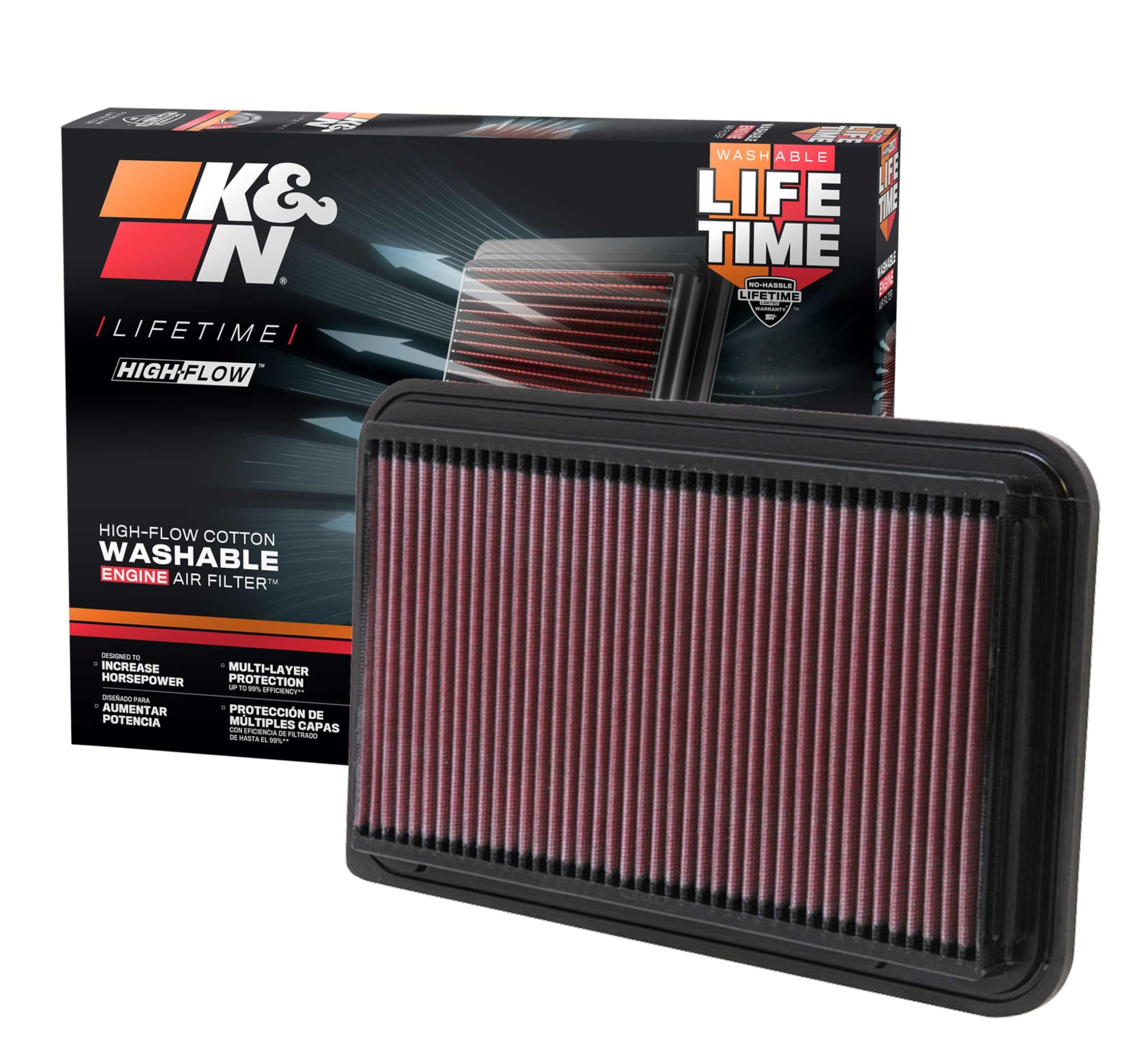 High-Flow K&N Original Lifetime Engine Air Filter: Increase Power: Premium, Washable: Compatible with 2002-2012 Toyota/Lexus: ES300, ES330, RX300, RX330, Camry, Highlander, Sienna, Solara, 33-2260