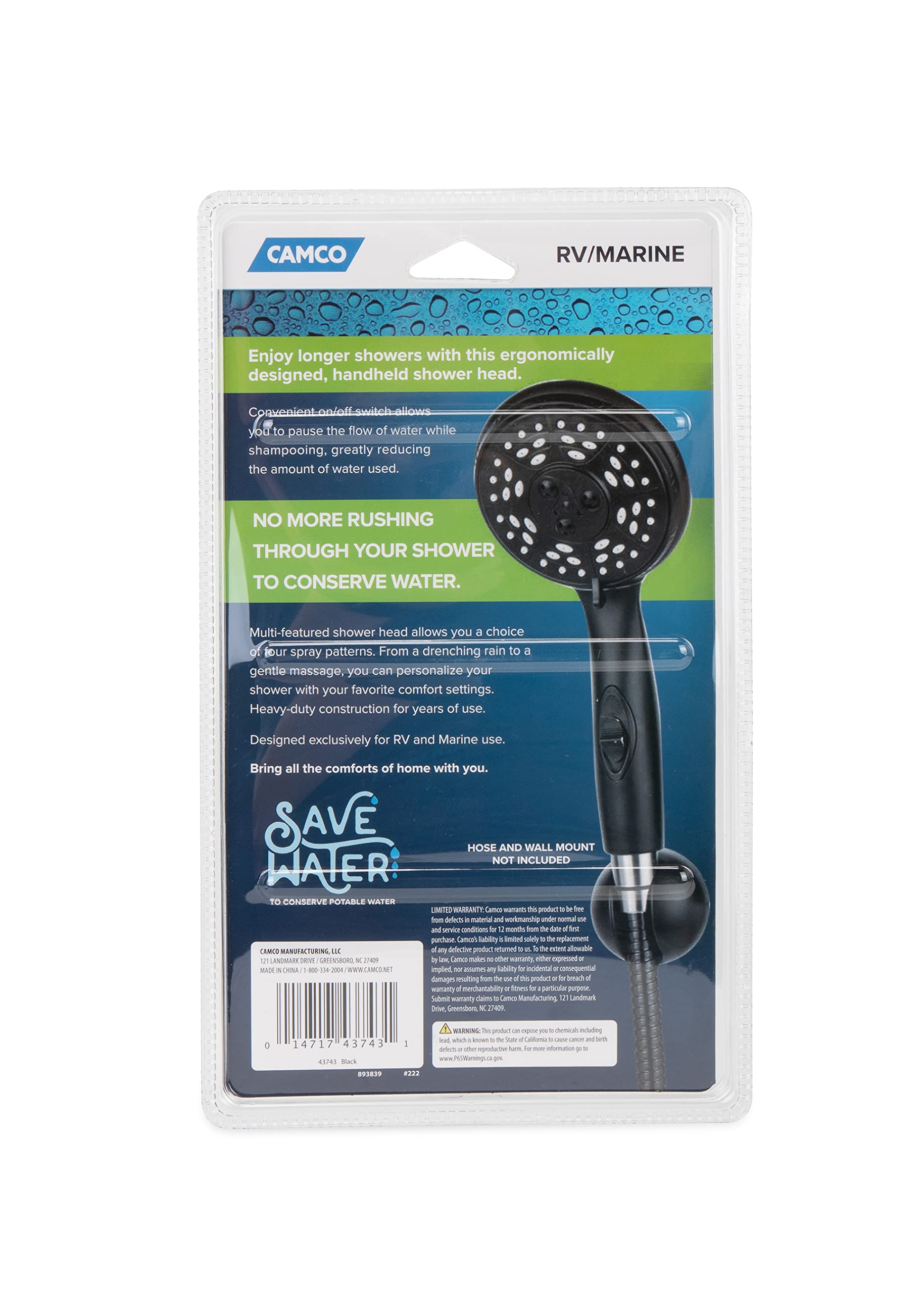 Shower Head Camco RV/Marine | Features Convenient On/Off Switch for Water Efficient Showers | 5 Spray Patterns | Black (43743)