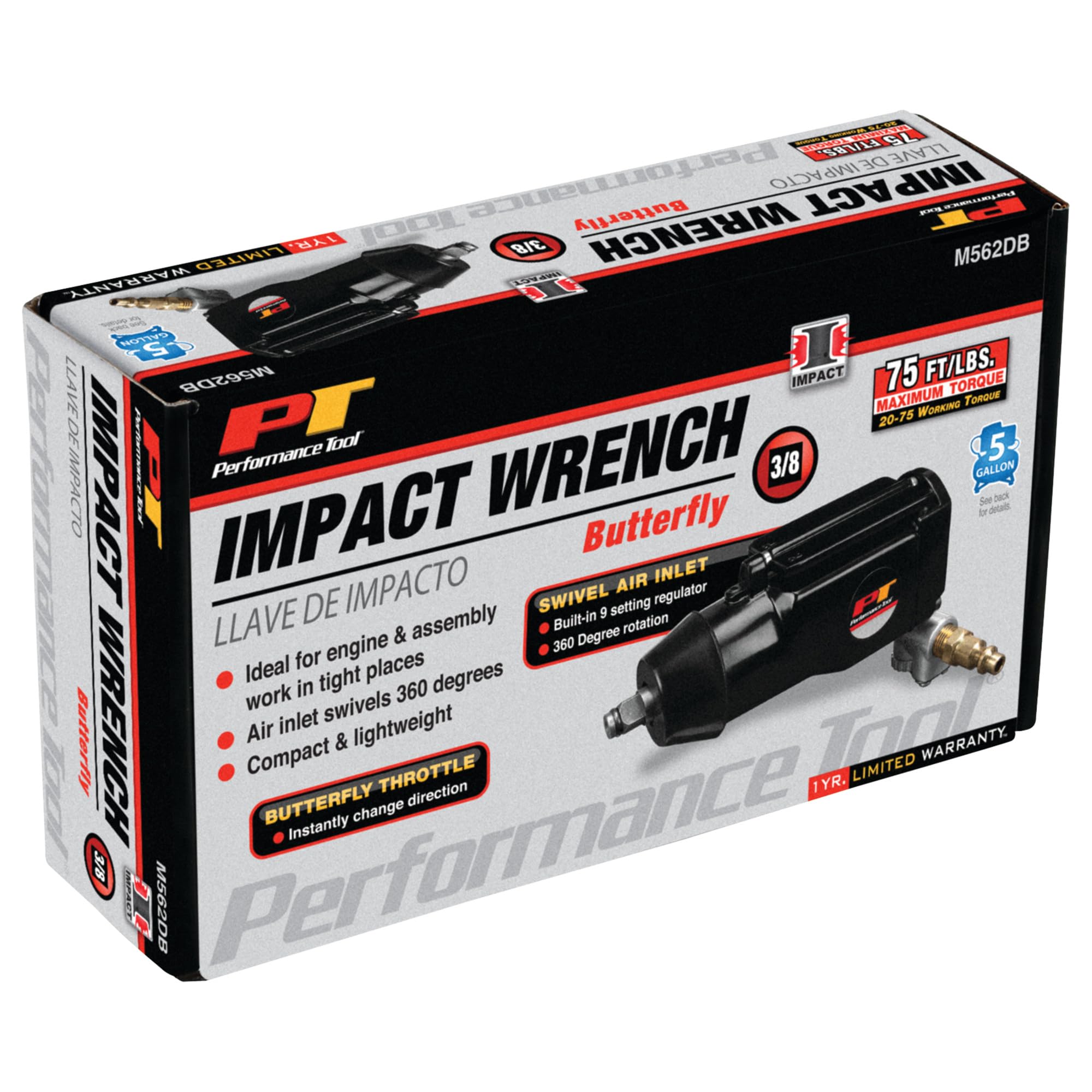 M562DB Performance Tool 3/8-Inch Drive Butterfly Impact Wrench, Working Torque: 20-75ft/lbs , Black