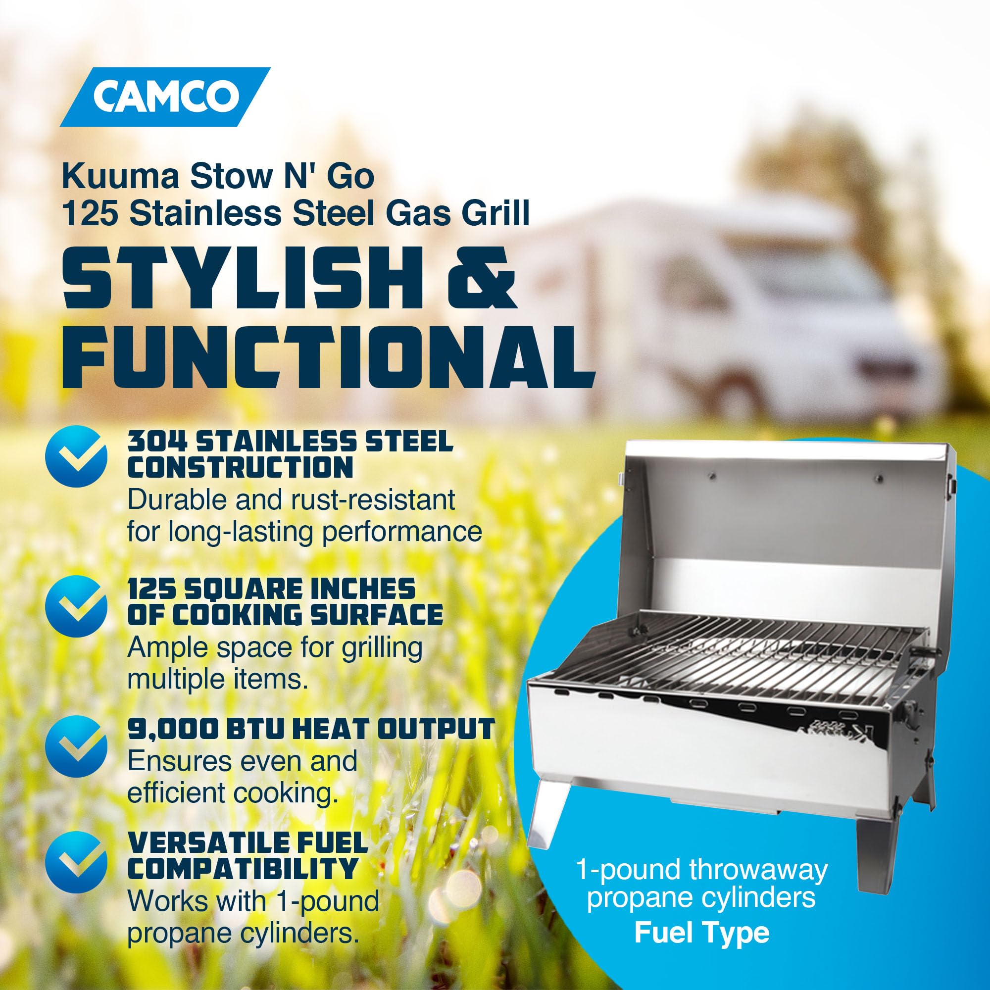 Camco Premium Kuuma Stainless Steel Mountable Gas Grill w/Regulator -Compact Portable Size Perfect for Boats, Tailgating and More - Stow N Go 125" (58140)