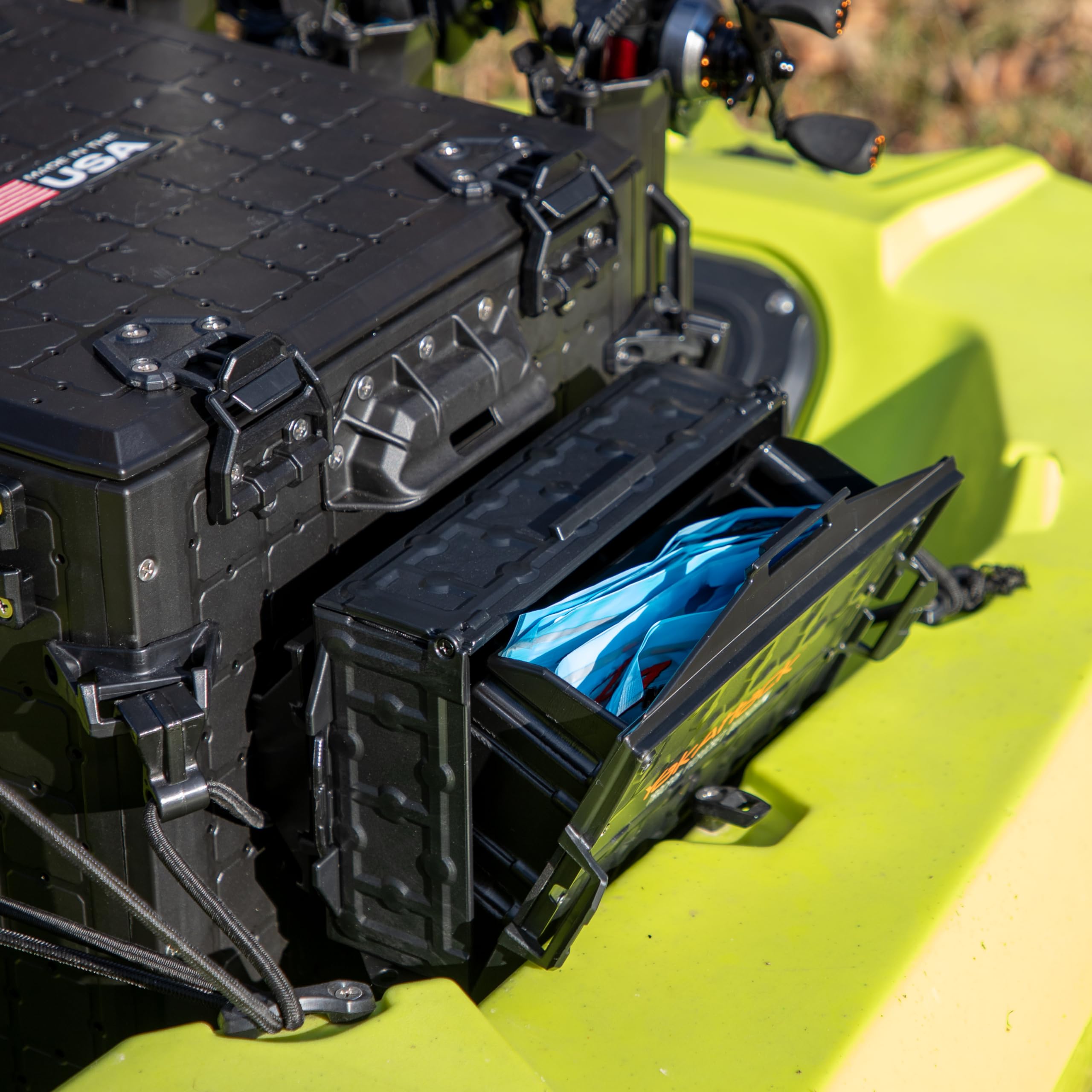 TracPak YakAttack with PicPocket QuickDraw - Black | Track Mount Storage Box with Spring-Loaded Lid | Quick Release Base & Labels Included | Vertical or Horizontal Mount | Made in USA
