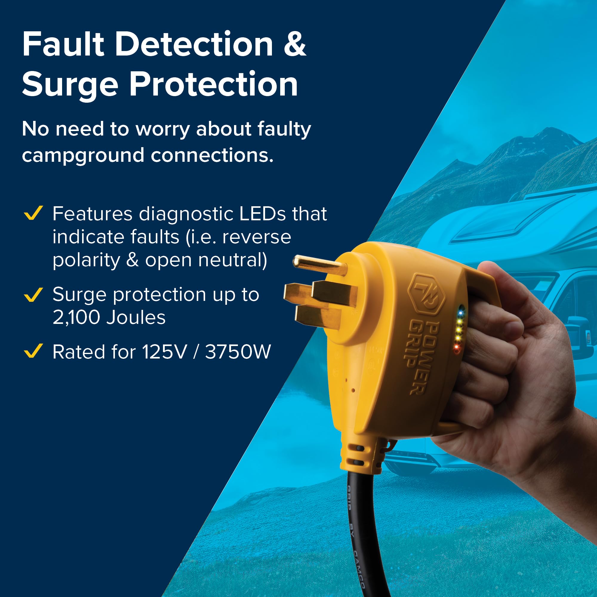 Camco 18" Power Grip RV 50-Amp Circuit Analyzer Dogbone - Features Integrated Surge Protection & Fault Indication, 50-Amp Male to 30-Amp Female, 125V / 3750W (55563)