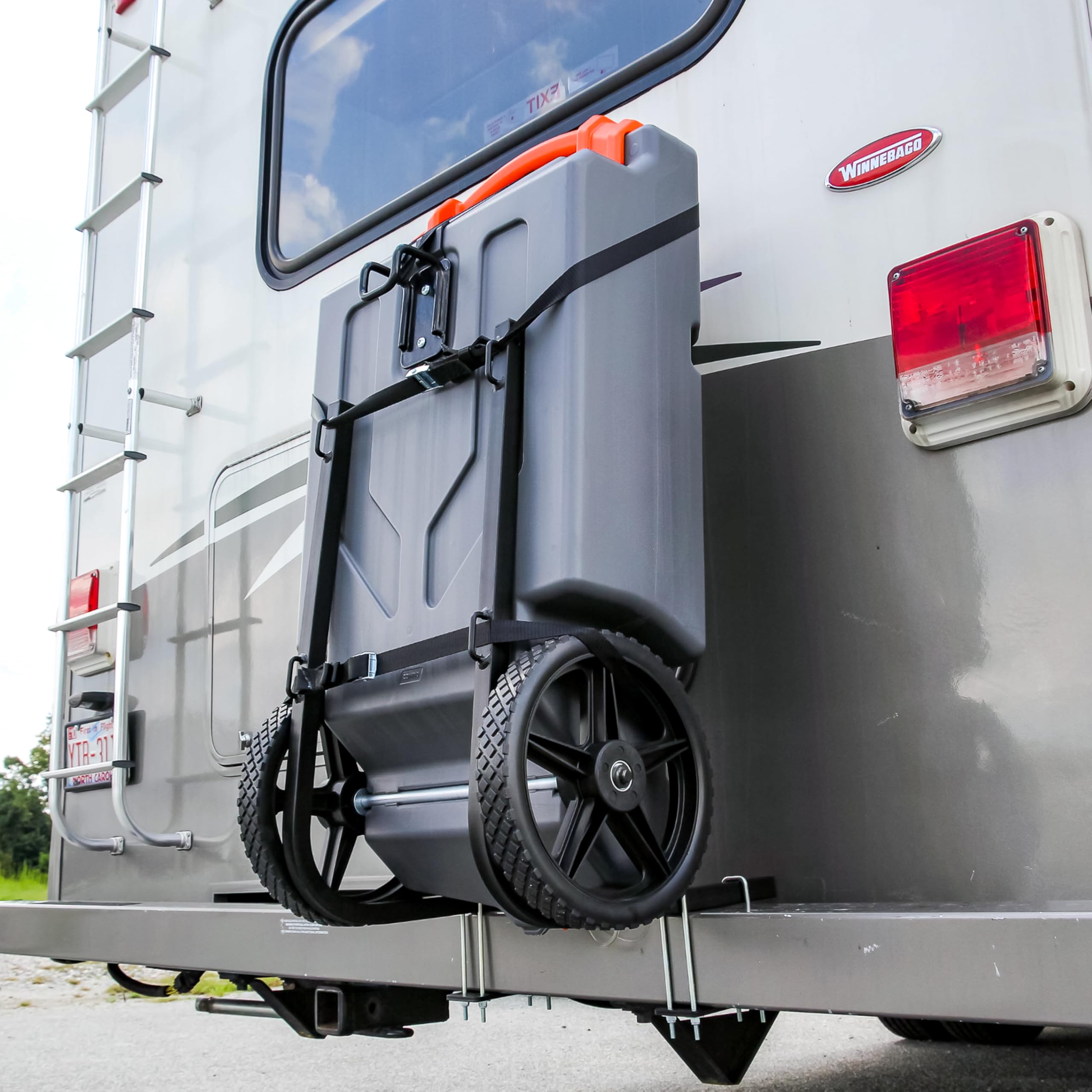 Rhino Camco RV Bumper Mount Tote Tank Holder - Features a Powder-Coated Steel Construction, Heavy-Duty Straps, and Fits Both 4-inch and 4-1/2-inch Bumpers (39010)