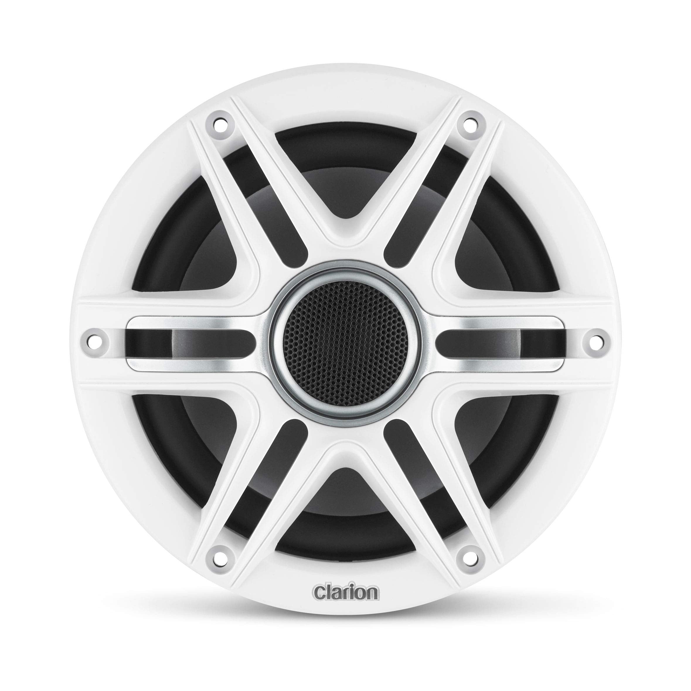 Clarion 6.5-inch CMSP-651-SWG Premium Coaxial Marine Speakers, 50W RMS, with White & Gray Metallic Grilles