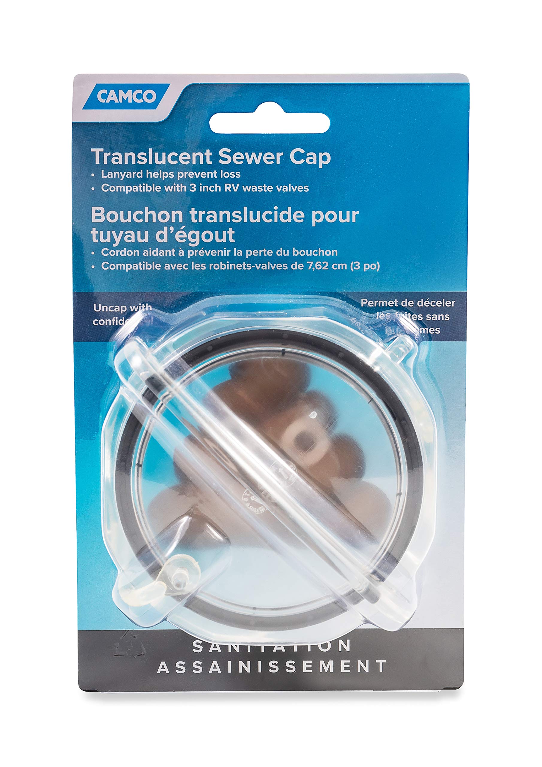 Clear Camco RV Sewer Cap with Lanyard - Prevents Leaks and Spills from Your RV's Sewer System