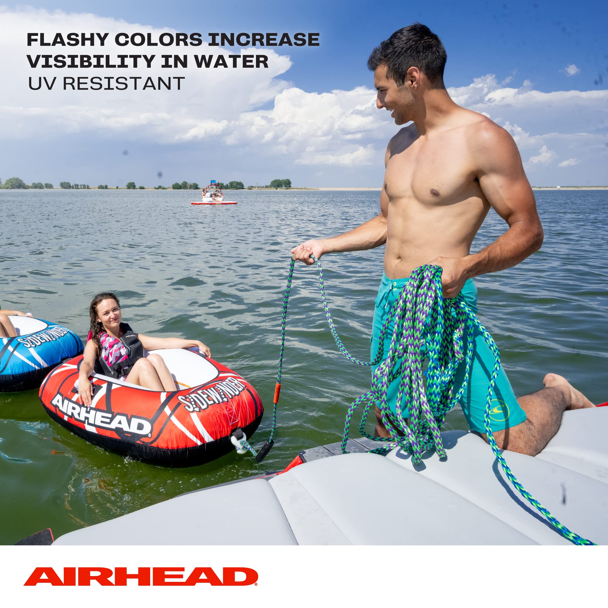 Airhead Tow Rope 2 Section, 1-4 Rider Towable Tube Compatible, Dual Sections, 4,150lb Break Strength, 50 ft and 60 ft Options, Keeper Included