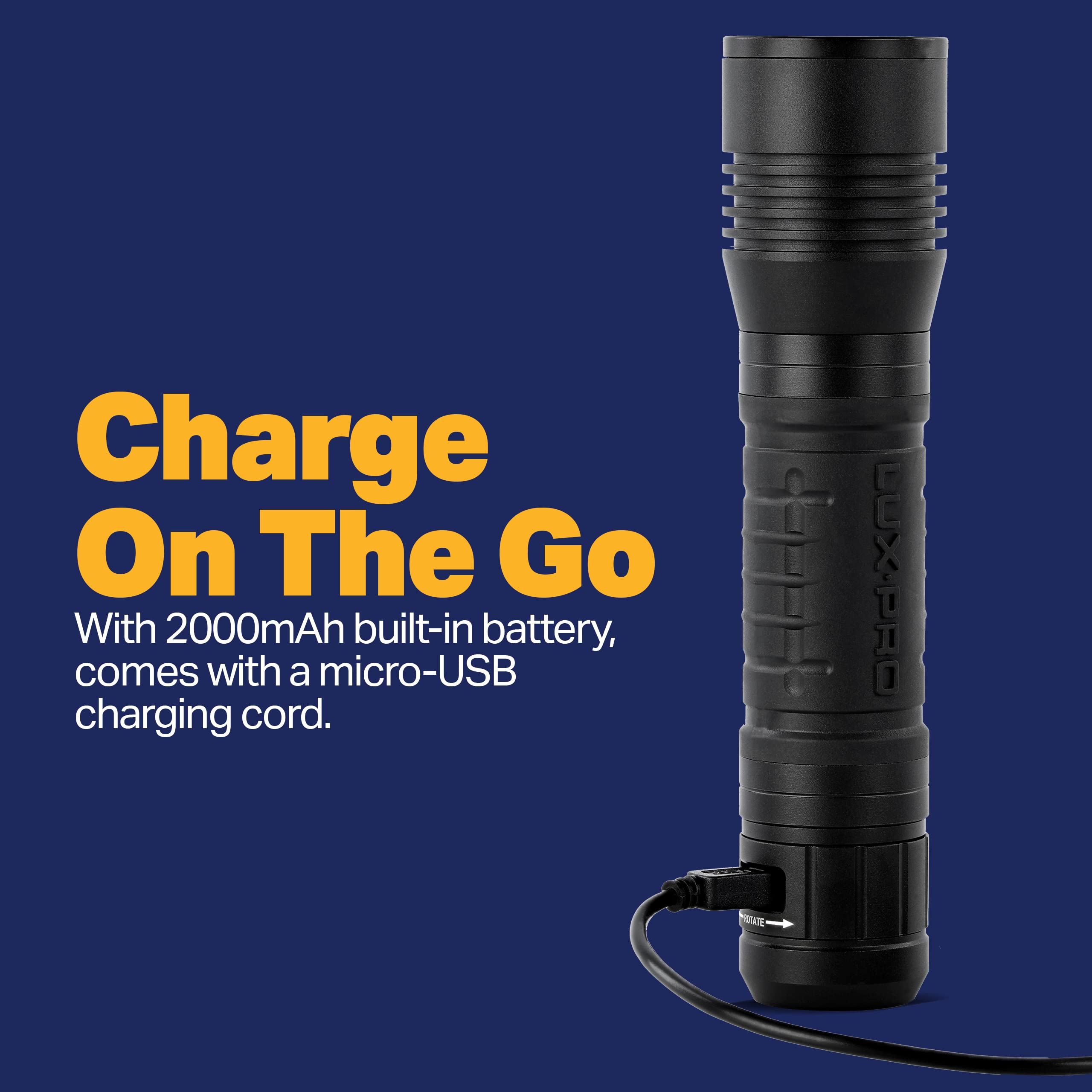 Pro Series LUXPRO 800 Lumen LED Rechargeable Flashlight - Features Patented TackGrip with Aircraft-Grade Aluminum and LPE Optics - Camping Accessories with Micro USB Charge Port - Batteries Included