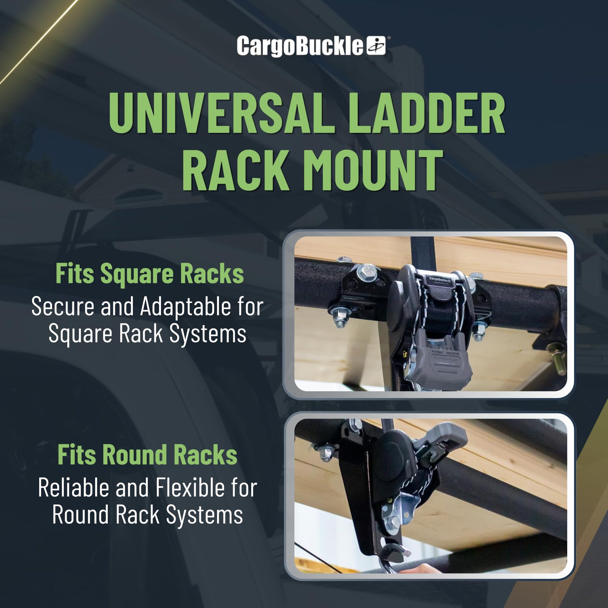 Heavy Duty CargoBuckle Ladder Rack Straps Tie-Down System, Universal Mount for Square/Round Racks, 2-Inch, 2000 Lbs Break Strength, 677 Lbs Safe Working Load, Double J-Hook, 7ft Straps - 2 Pack