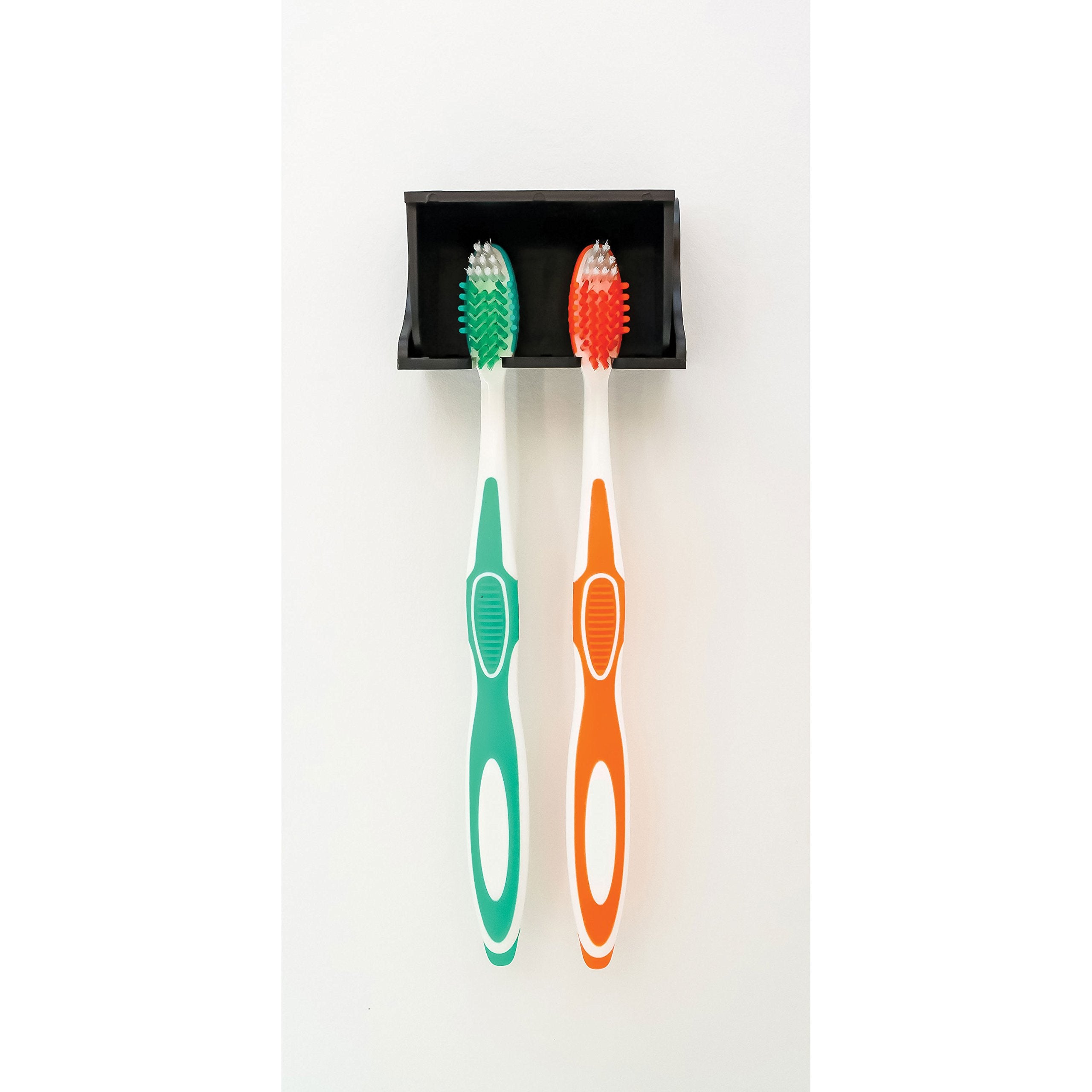 Camco A Wall Mounted Pop-A-Toothbrush Holder With Protecting Cover, Perfect For Traveling, Dorm Bathrooms and More, Holds 2 Toothbrushes- (Black) (57202)