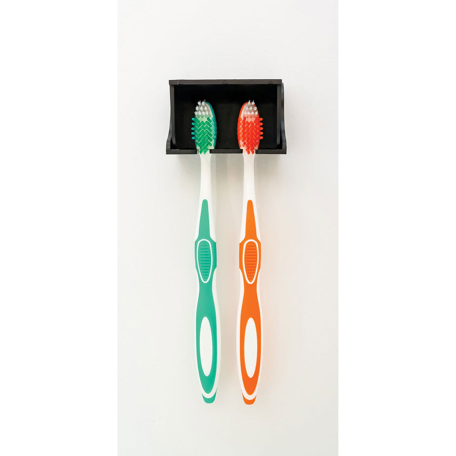 Camco A Wall Mounted Pop-A-Toothbrush Holder With Protecting Cover, Perfect For Traveling, Dorm Bathrooms and More, Holds 2 Toothbrushes- (Black) (57202)