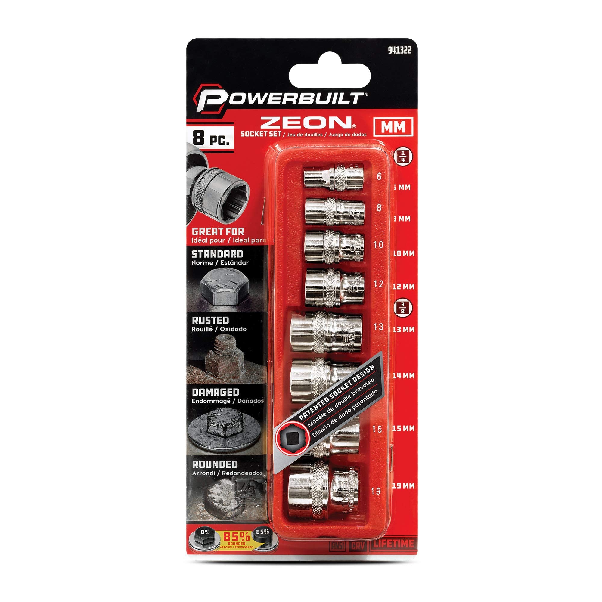 8 Piece Powerbuilt Metric Zeon Socket Set - with use for Standard, Rusted, Rounded Bolts and Nuts, Size from 6mm to 19mm , Silver