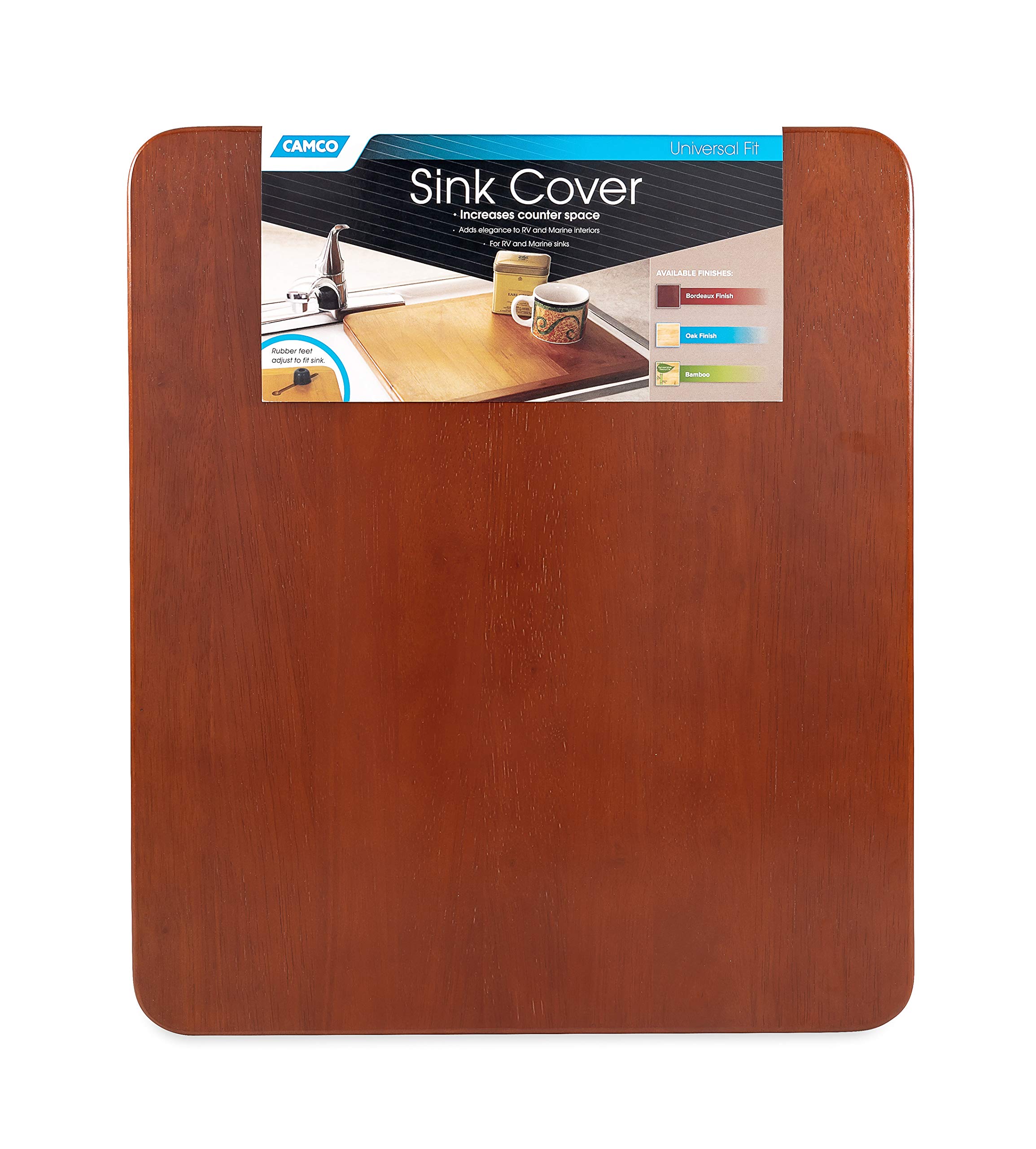 Camco Sink Cover RV Oak Accents | Features Heavy-Duty, Non-Toxic Gloss Finish, Adjustable Rubber Feet, and Measures 13-Inches by 15-Inches (43436)