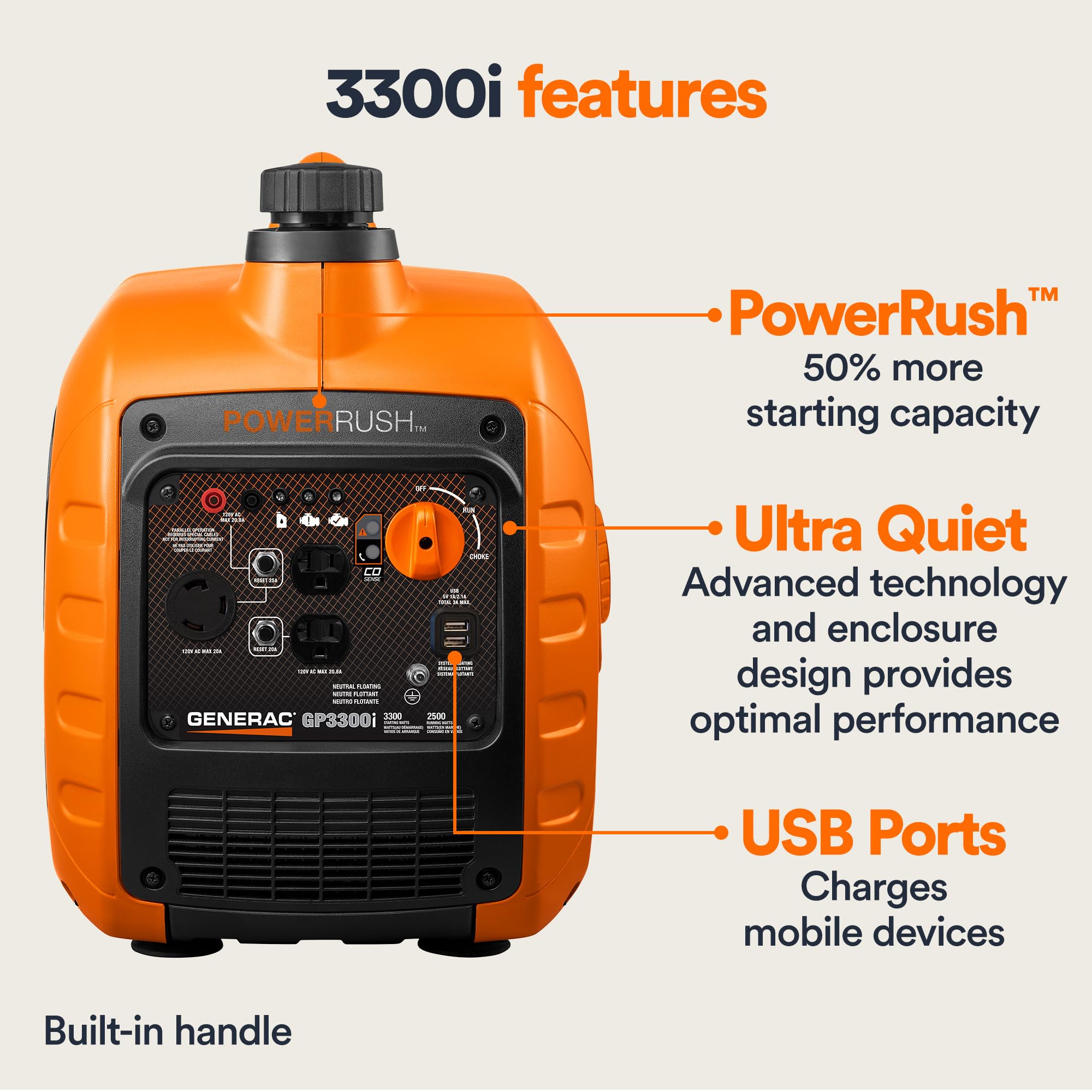GP3300i Generac 7153 3,300-Watt Gas-Powered Portable Inverter Generator - Lightweight Design - USB Ports for Mobile Device Charging - COsense Technology - CARB Compliant, Orange/Black