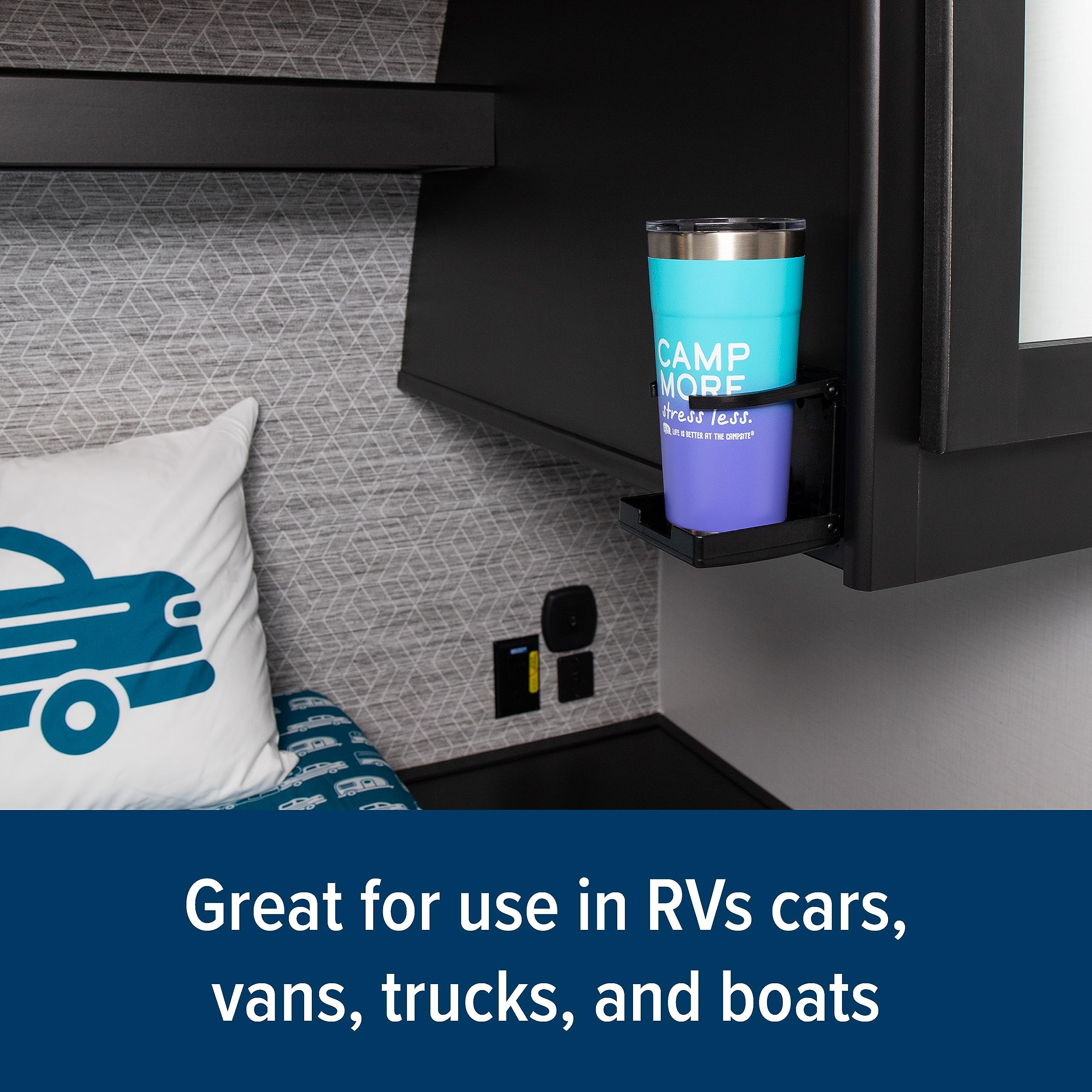 Camco Drink Holder Camper/RV - Features Adjustable Space-Saving Design & Holds Almost Any Size Mug, Cup, Bottle or Can - Extra Cup Holder for Cars, Trucks, RVs, Vans, Boats, and More - Black (44044)