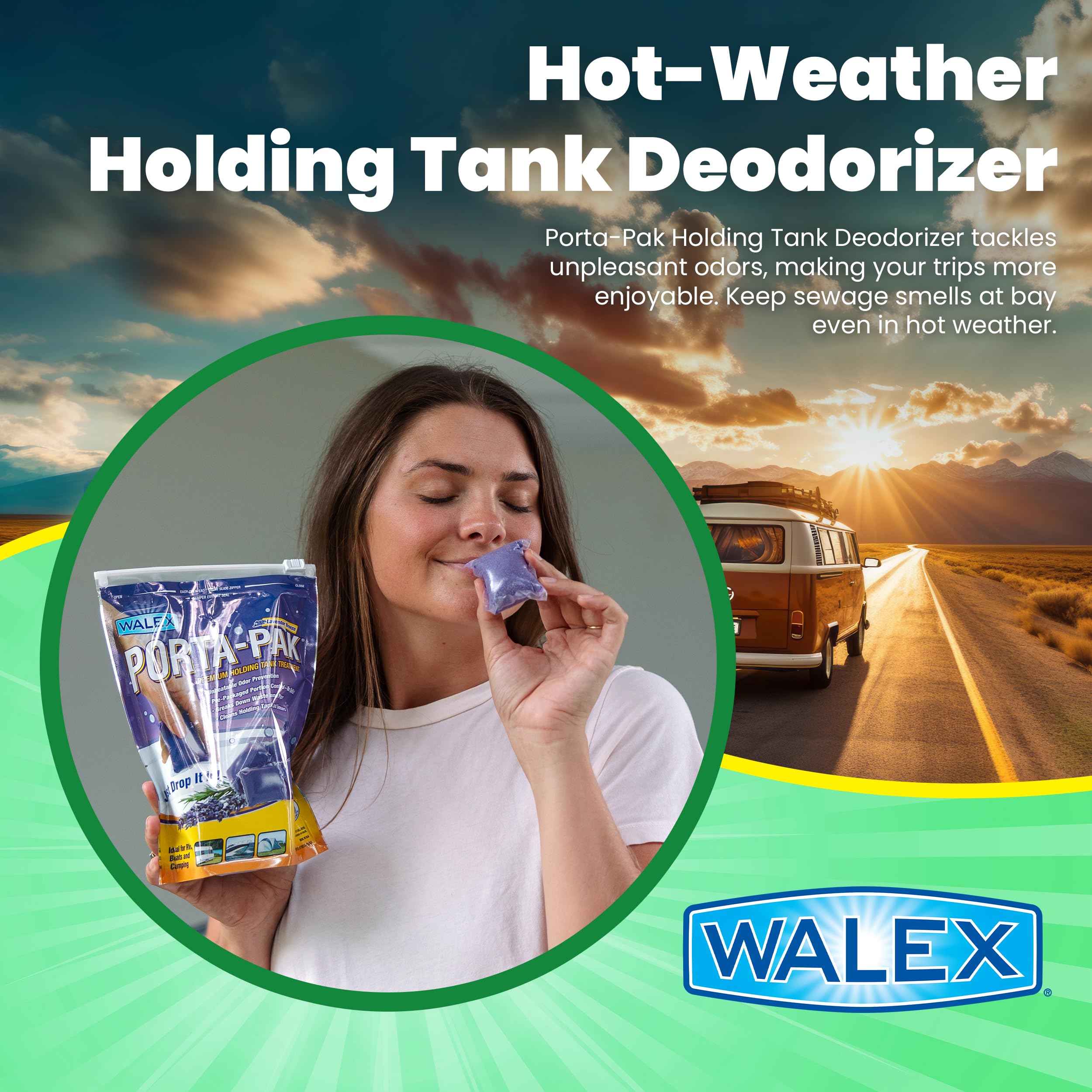 Walex Black Porta-Pak Holding Tank Deodorizer & Portion Control System Drop-Ins - Rapid Breakdown of Waste & Paper, Odor Prevention, Cleans Tank & Sensors - Lavender Breeze, 10-Pack