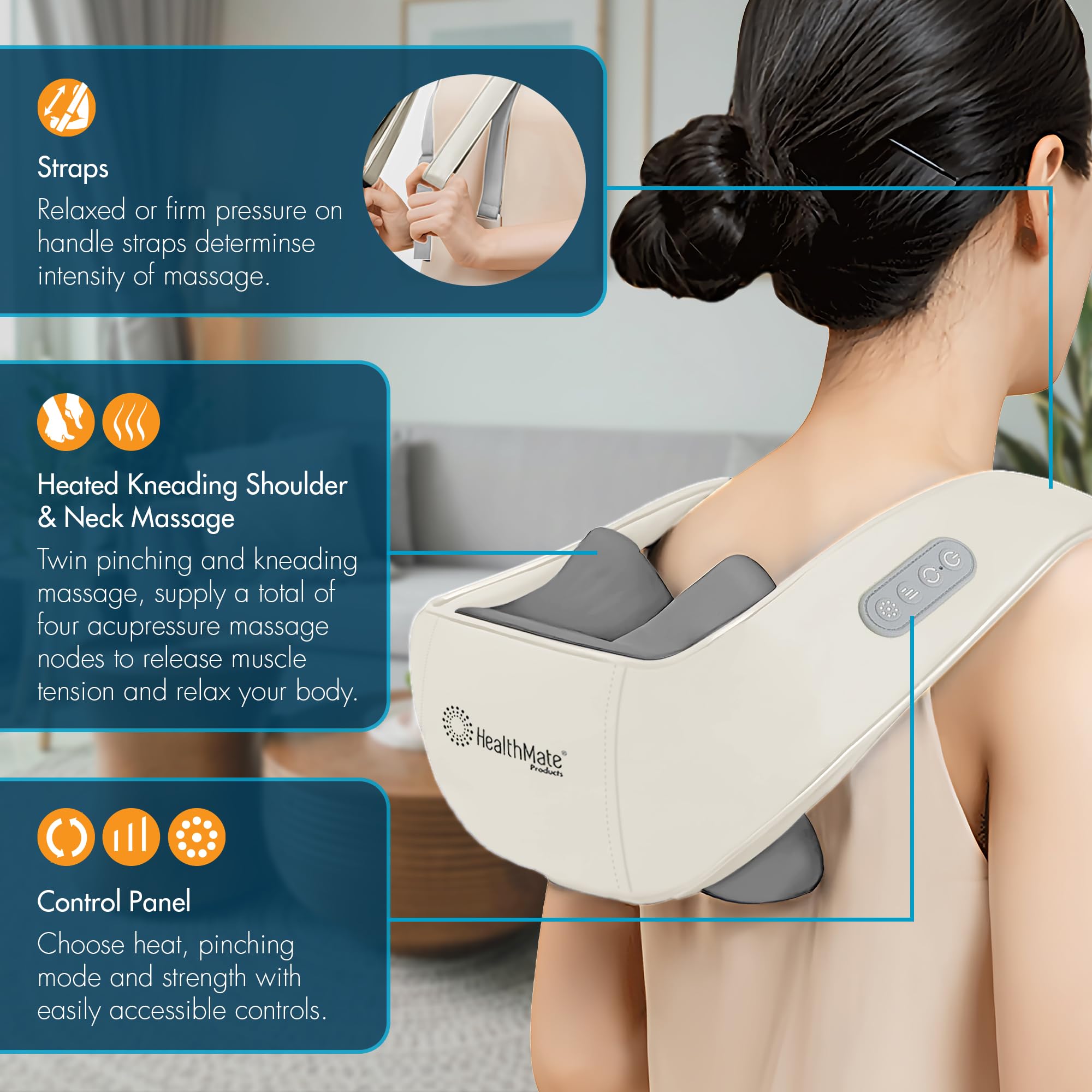 Kneading HEALTHMATE IN9532 Neck and Shoulder Massager for Pain Relief Deep Tissue 6D Shiatsu with Heat Rechargeable Cordless Back Massager for Home, Office, Car Use, Gifts