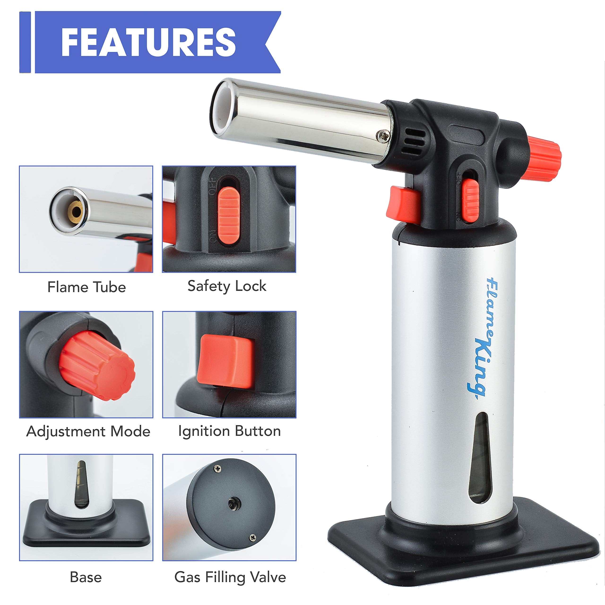 Flame King Kitchen Torch Refillable Culinary Butane with Igniter and Safety Lock, Multi-Use, Stainless Steel