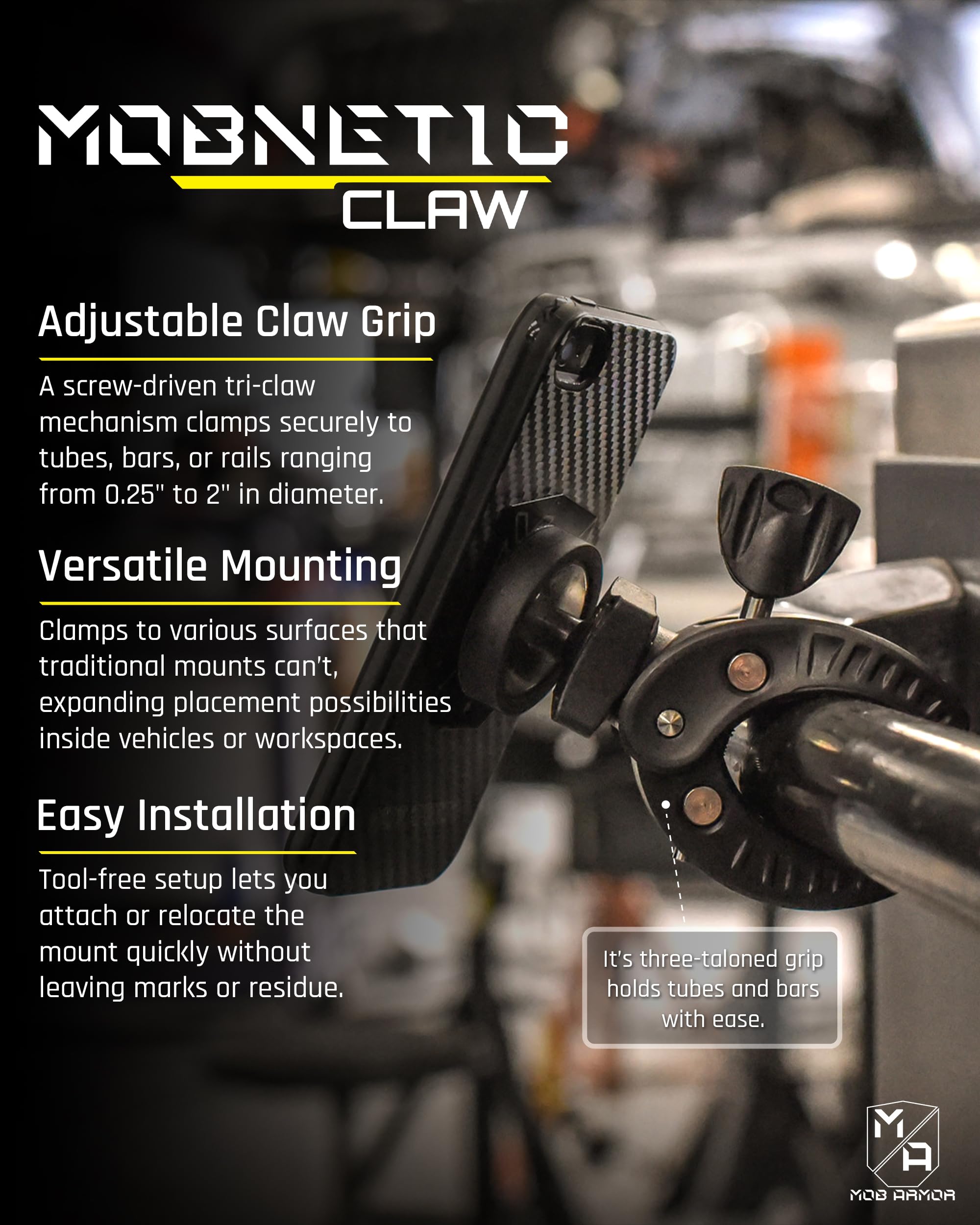 Mob Armor Claw MobNetic with 360° Rotation - Bar Mount for Golf Carts, Strollers, or Any enclosed cab Vehicle with Round or Square Tubes- Universal Car Magnetic Phone Mount, Assembled in USA - Black