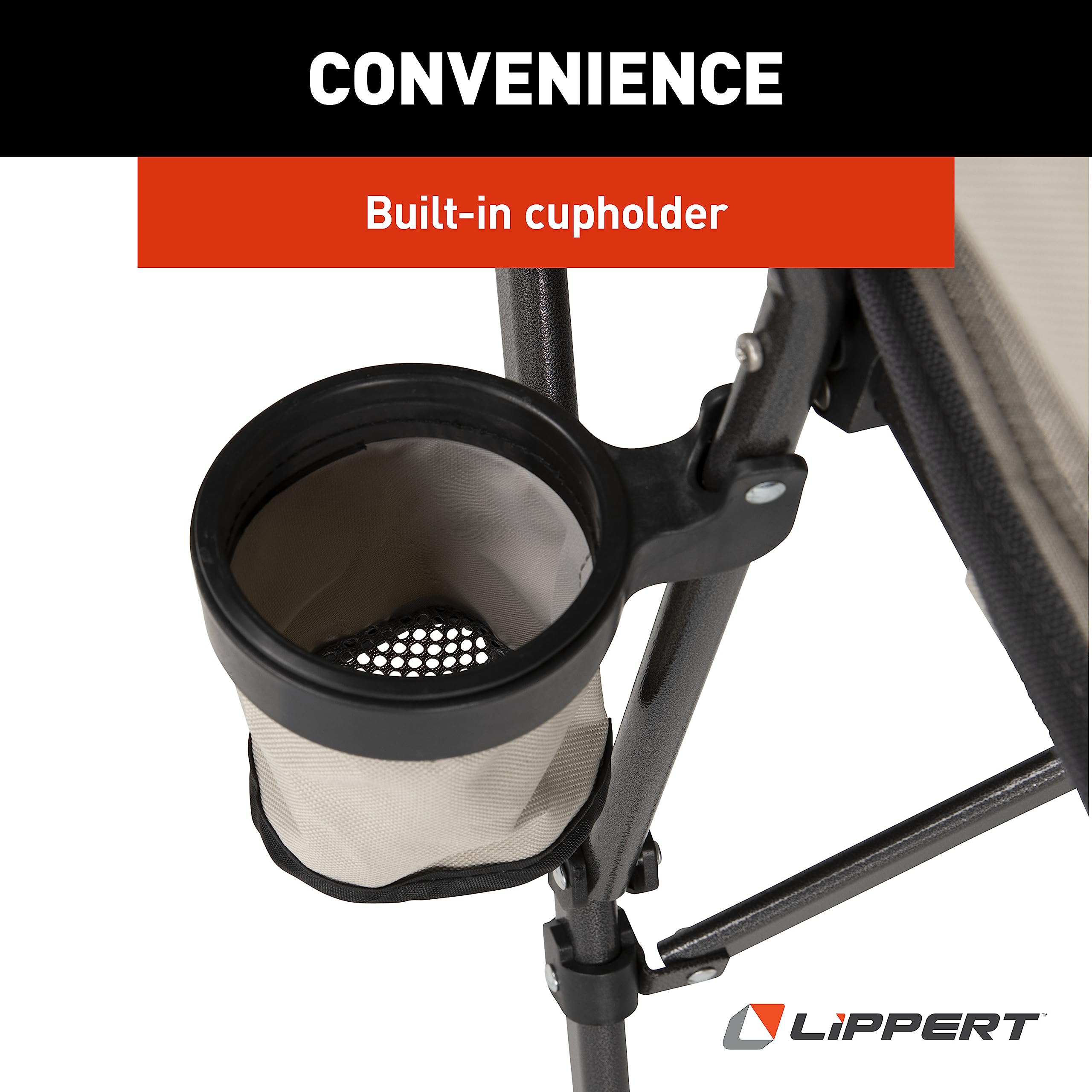 Lippert Components Outdoor Scout Folding Chair for Camping, Foldable, Steel Tube Frame, 600D Polyester, UV and Water Resistant PVC Coating, 500 lb. Weight Capacity, Sand - 2021123277