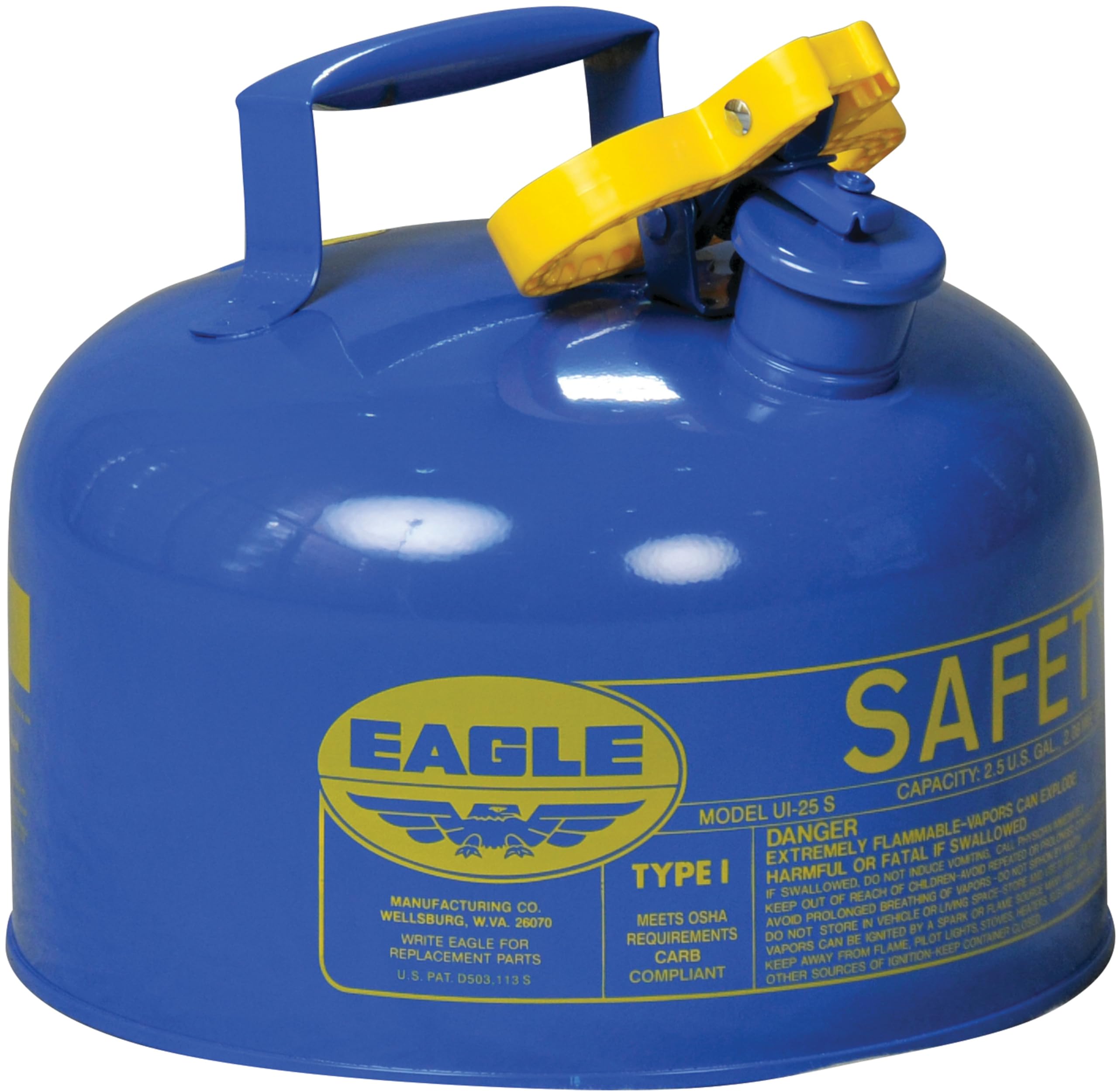 Eagle Safety Gas Can 2.5 Gallon Type I Blue for Kerosene with Flame Arrester and Self-Closing Lid, Made in the USA, Galvanized Steel Flammable Storage Can, UI25SB
