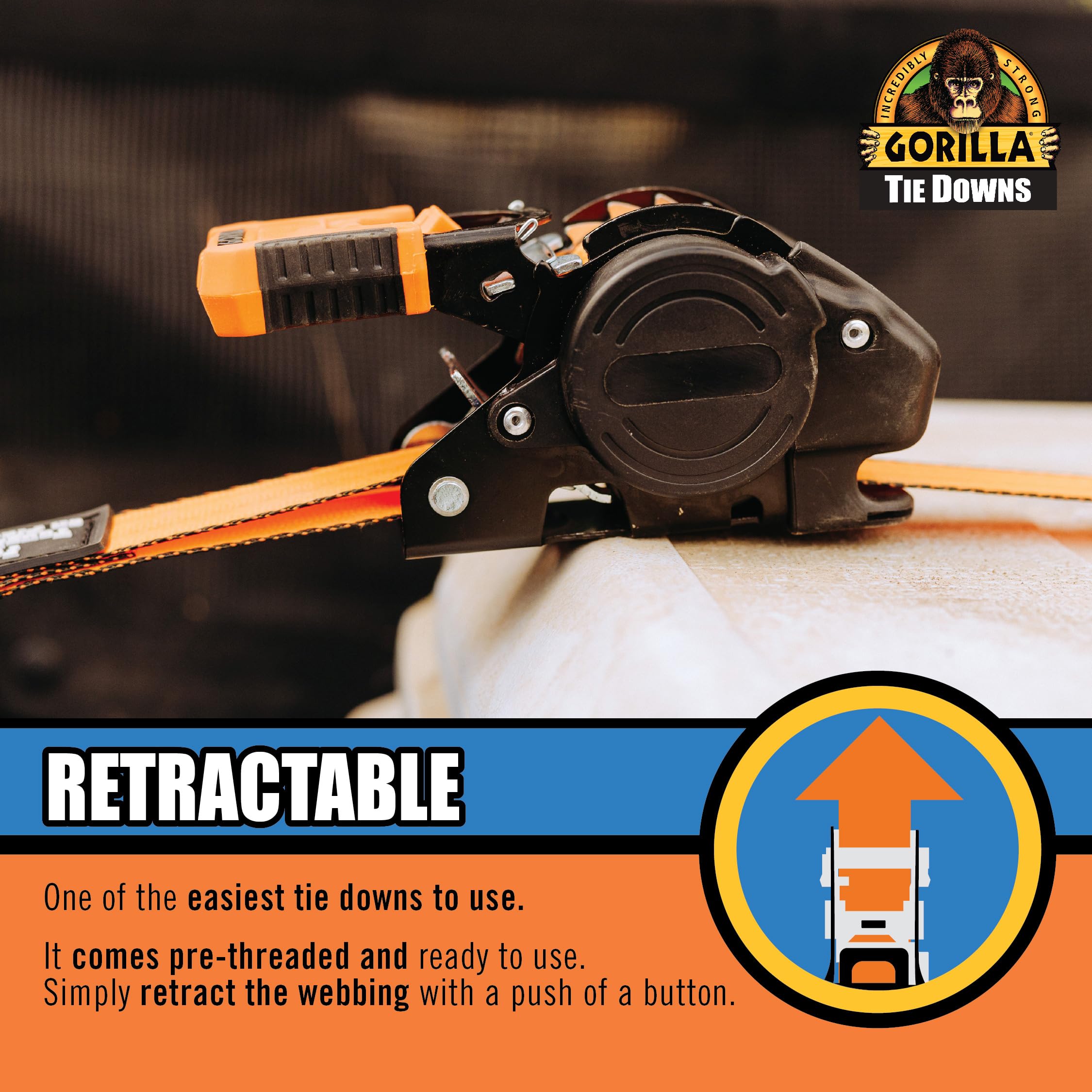 Gorilla Tie Down Ratchet Straps (2Pack) 1in x 10ft 1200lb Break Strength, Self-Locking Retractable, Heavy-Duty Orange Webbing, Gorilla-Grip Handles, Cap Locks, E-Coated Ratchets, Vinyl Hooks for Cargo