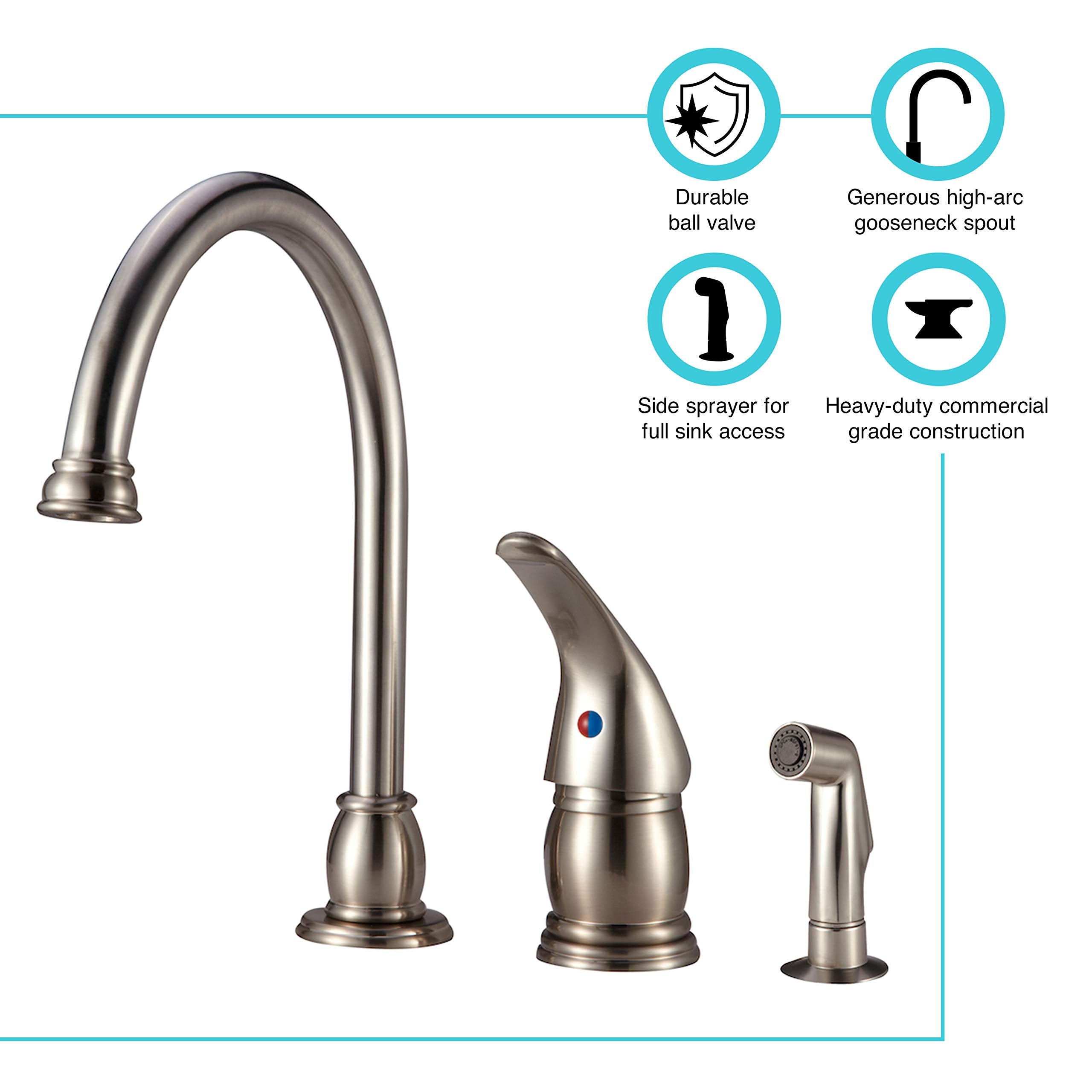 Dura Faucet RV Gooseneck Kitchen Sink Faucet DF-NMK301-SN with Matching Side Sprayer (Brushed Satin Nickel)