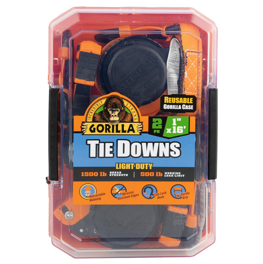 Gorilla Tie Down Ratchet Straps (2Pack) 1in x 16ft 1200lb Break Strength, Self-Locking Retractable, Heavy-Duty Orange Webbing, Gorilla-Grip Handles, Cap Locks, E-Coated Ratchets, Vinyl Hooks for Cargo