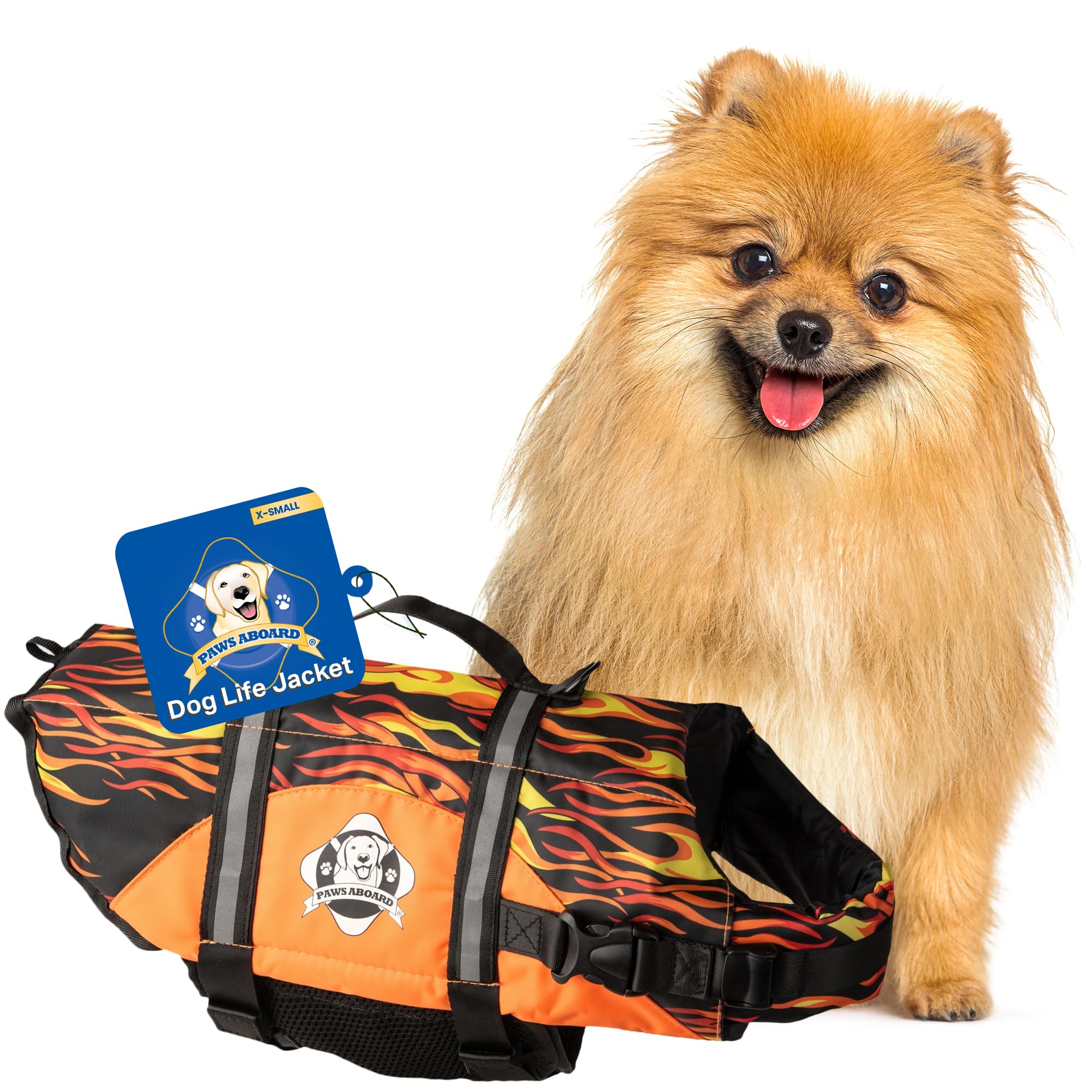 Dog Life Jacket Paws Aboard - Swimming Vest for Dogs, Adjustable, Reflective, Comfortable, Multiple Colors, Patterns, XX-Small to Extra Large Dog Swim Vest with Handle (Racing Flames, X-Small)