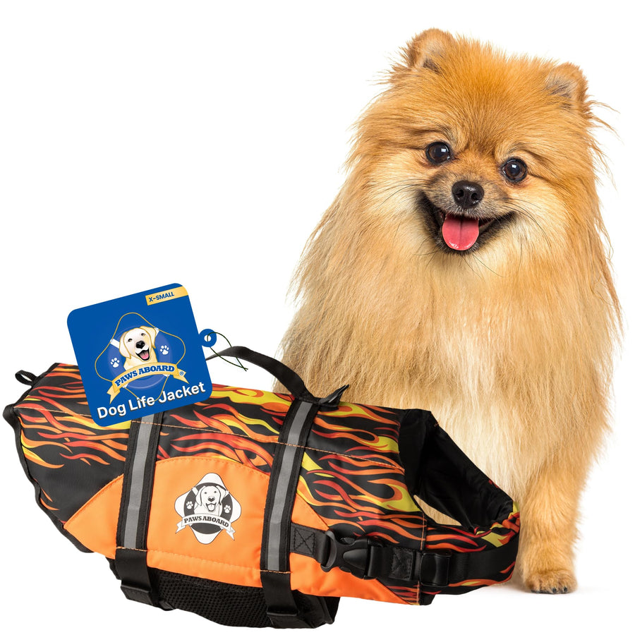 Dog Life Jacket Paws Aboard - Swimming Vest for Dogs, Adjustable, Reflective, Comfortable, Multiple Colors, Patterns, XX-Small to Extra Large Dog Swim Vest with Handle (Racing Flames, X-Small)
