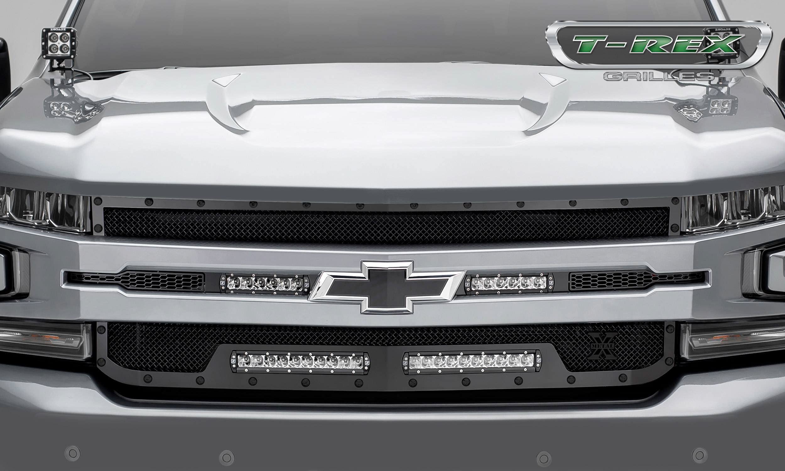 T-Rex Grilles Stealth Torch Grille 2019-2022 Silverado 1500, Black, 1 Pc, Replacement, Black Studs with (2) 6 Inch and (2) 10 Inch LEDs, Does Not Fit Vehicles with Camera - PN #6311261-BR