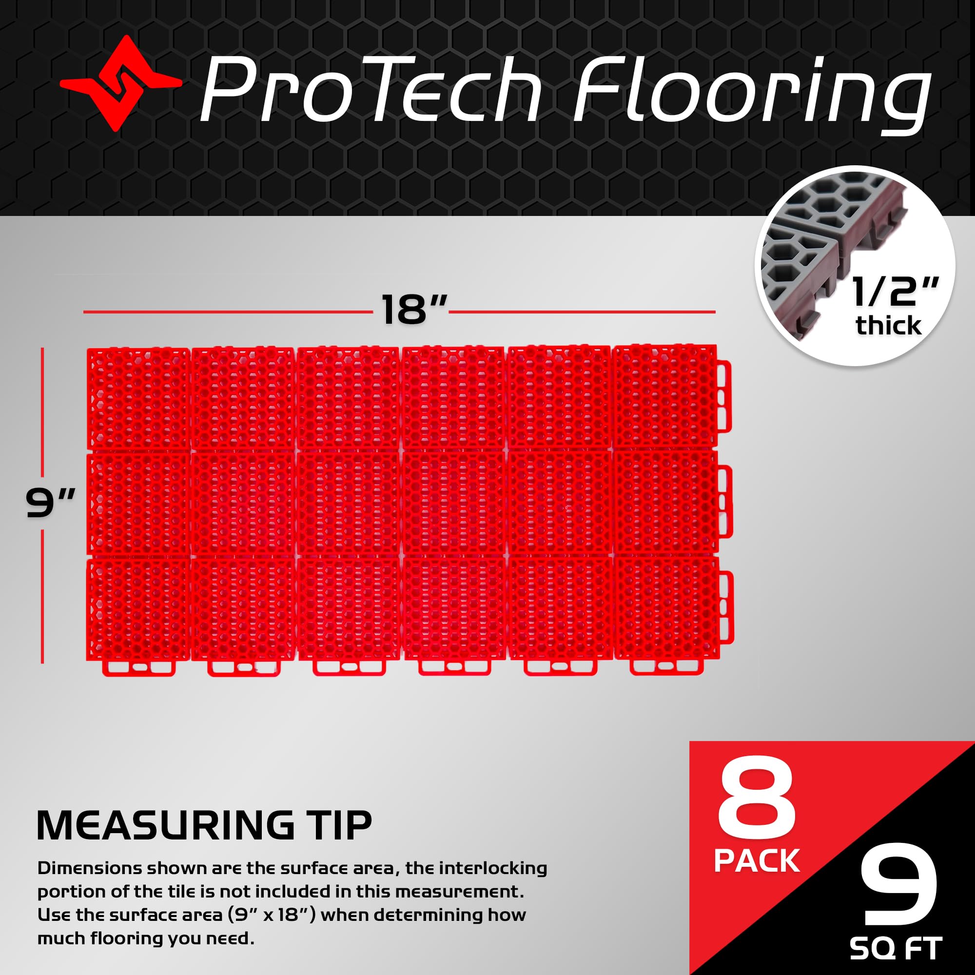 ProTech Caliber Garage Flooring Tiles, 9” x 18” Interlocking Tiles, Red, 8-Pack