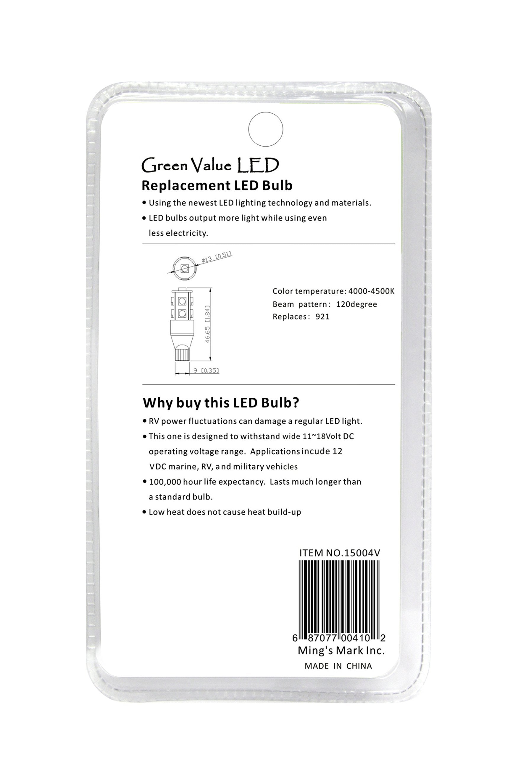 LED Green Value 15001V G4 Base w/L Shape Back Pins LED Replacement Bulb 150 LUM 8-30v Warm White (Natural White, 921 Wedge Base)