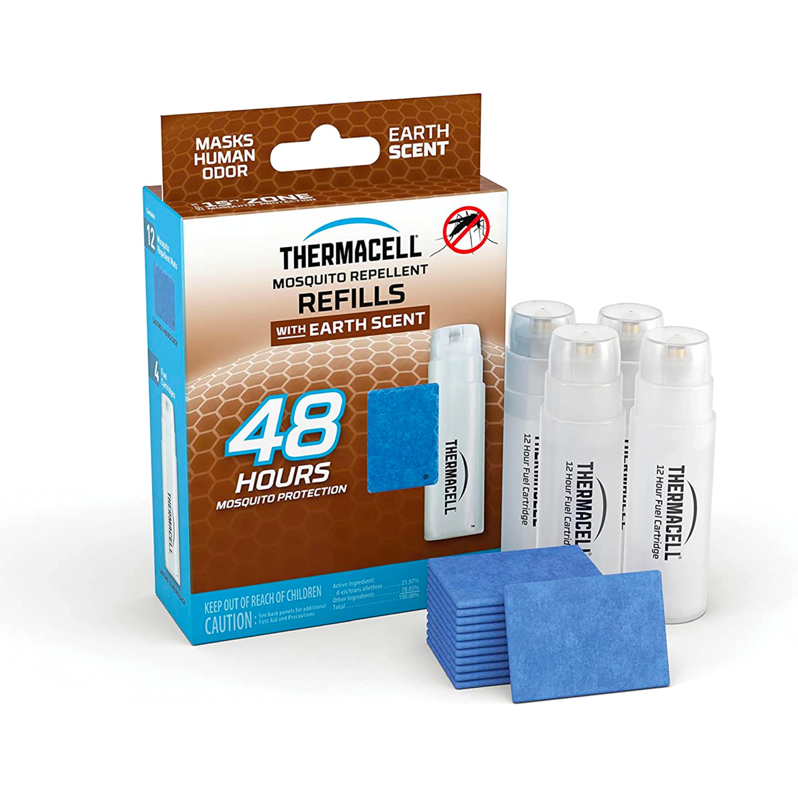 Thermacell Refills Mosquito Repellent; Earth Scent, 48 Hours; Includes 4 Cartridges & 12 Repellent Mats; Compatible with Any Fuel-Powered Thermacell Repeller; No Deet, Spray or Mess