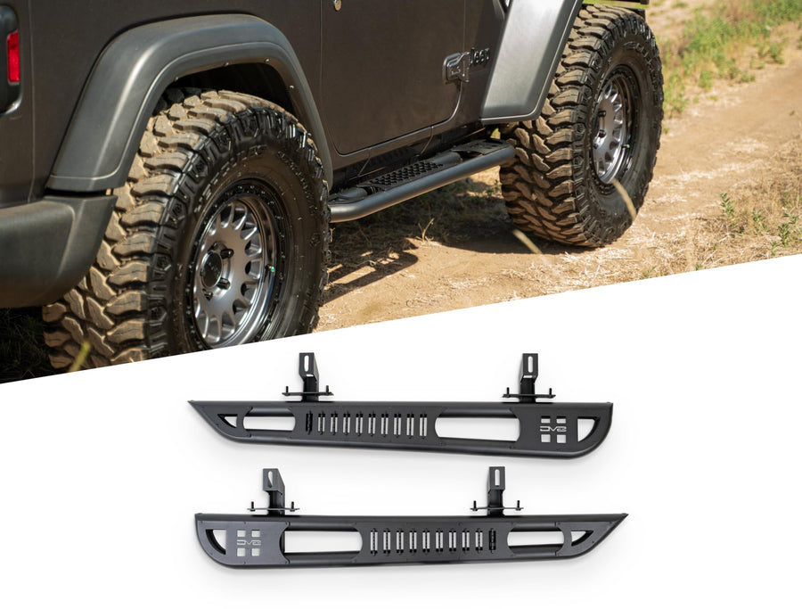 OE Plus DV8 Side Steps for 2018-2025 2-Door Jeep Wrangler JL | Gripped Top Plates to Prevent Slippage | Multi-Mount Design for Stability | Fully Bolt-On | Micro-Texture Black Powder Coat Finish