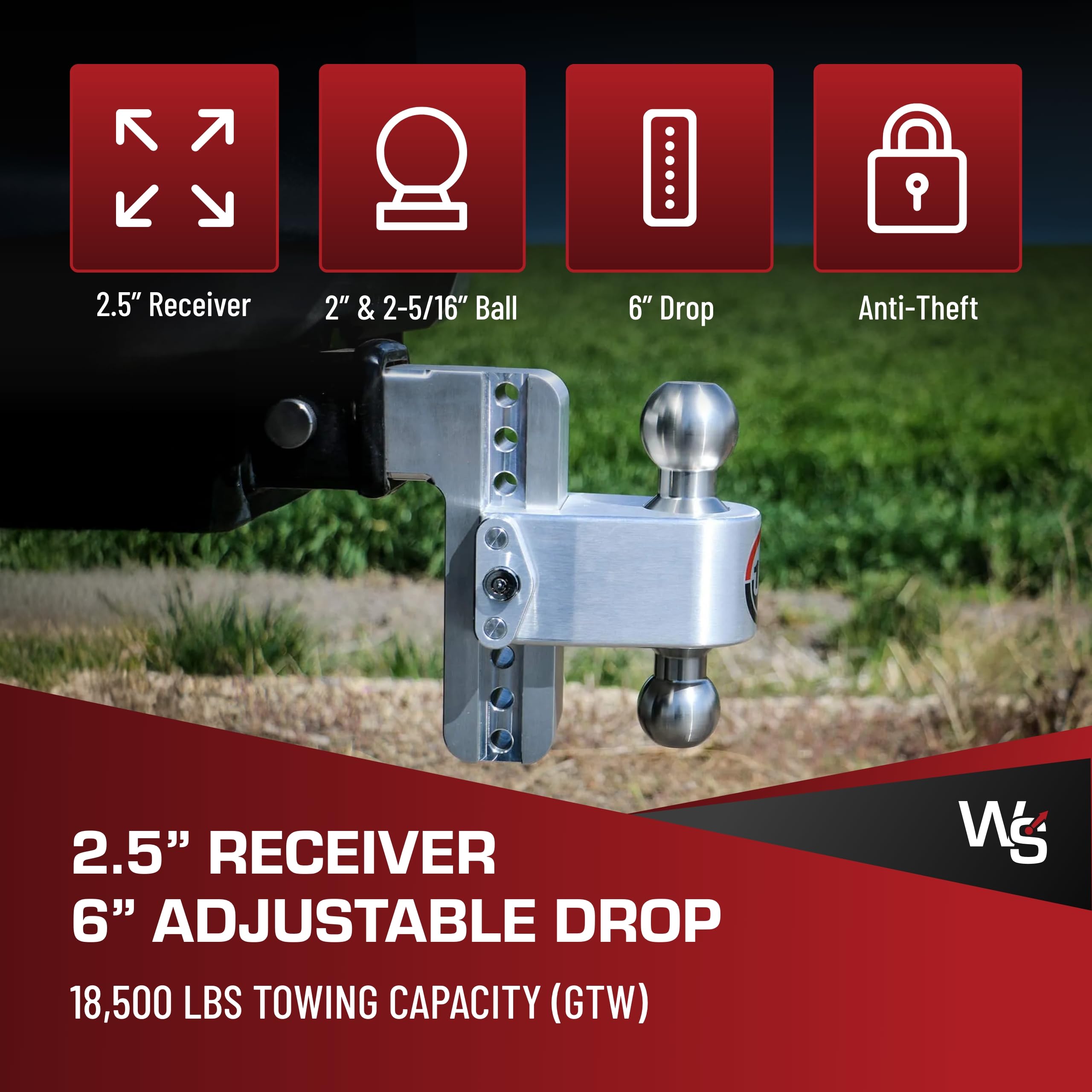 Weigh Safe Adjustable Hitch Trailer Ball Mount, 6" Adjustable Drop Hitch for 2.5" Receiver w/ 2 pc Keyed Alike Lock Set, Heavy Duty Aluminum Trailer Tow Hitch w/ Chrome Plated Tow Balls, 18,500 GTW