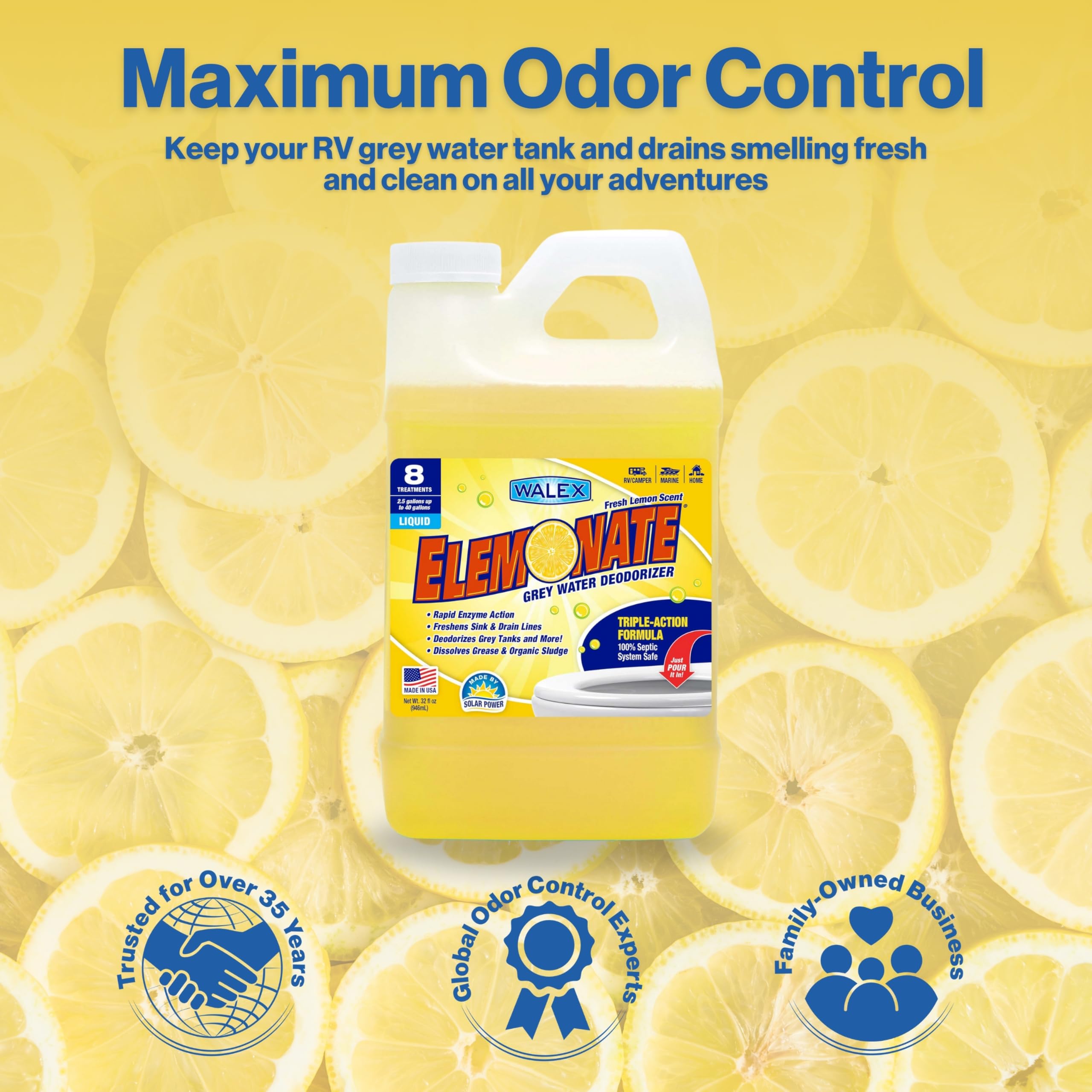 Elemonate Walex Liquid Grey Water Deodorizer for RV, Camper & Marine - Dissolves Grease & Organic Sludge to Prevent Clogs, Freshens Sink & Drain Lines, Septic Tank Safe, Fresh Lemon, 32oz