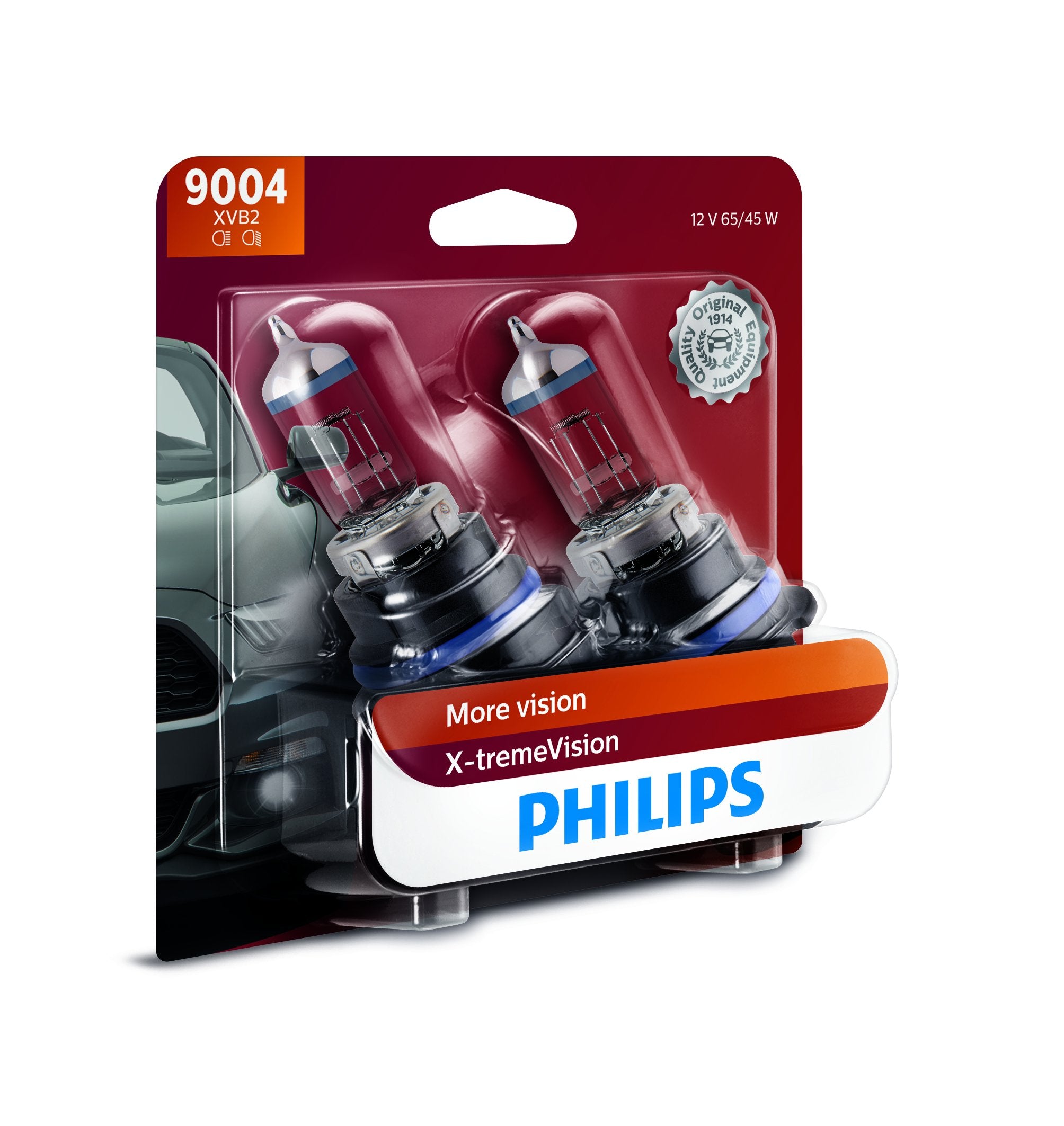 9004 Philips X-tremeVision Upgrade Headlight Bulb with up to 100% More Vision, 2 Pack