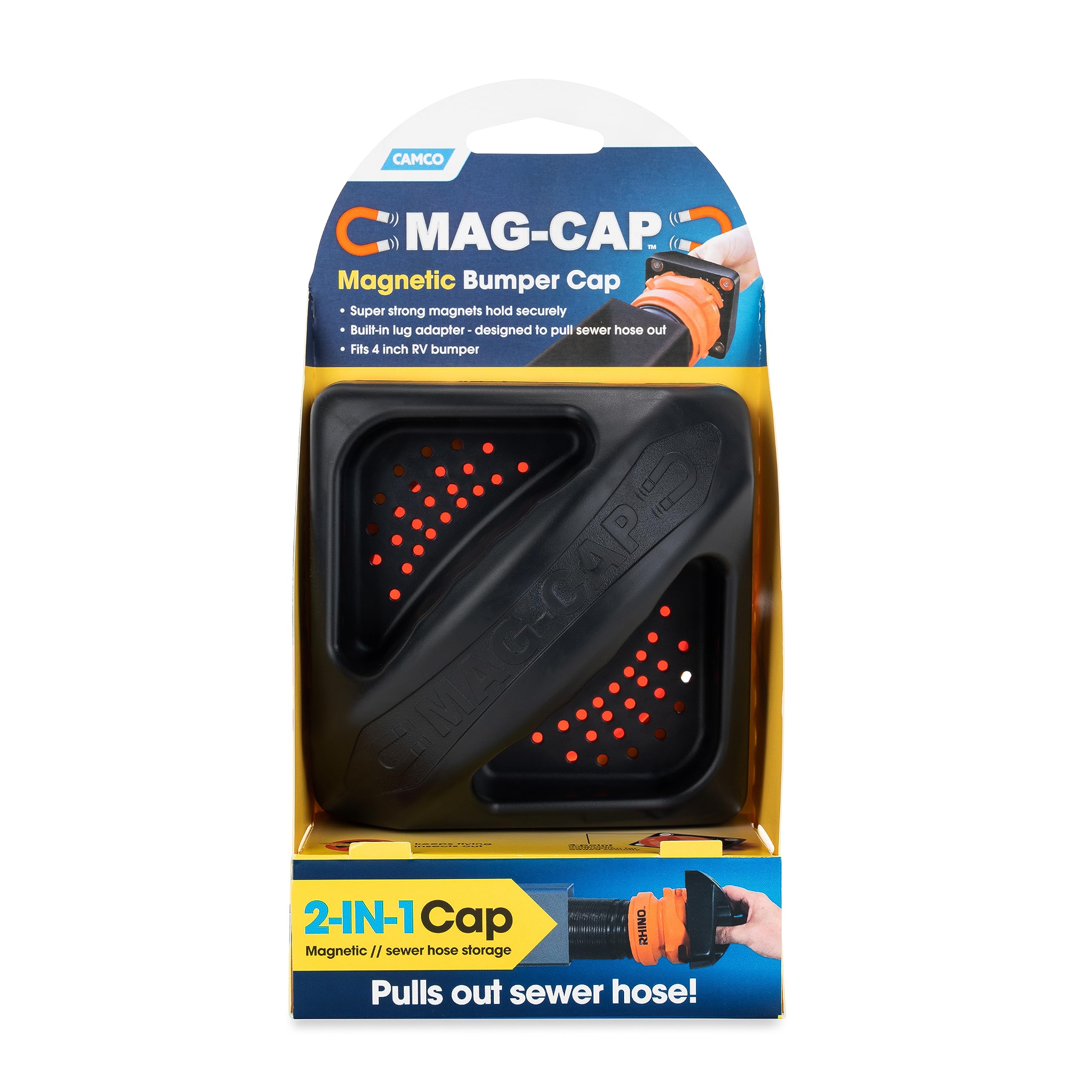 Camco Camper/RV Magnetic Bumper Cap with Lug Fitting End | Features Small Holes to Increase Airflow and Block Insects & High-Strength Neodymium Magnets | Fits 4" Standard RV Square Bumpers (40311)