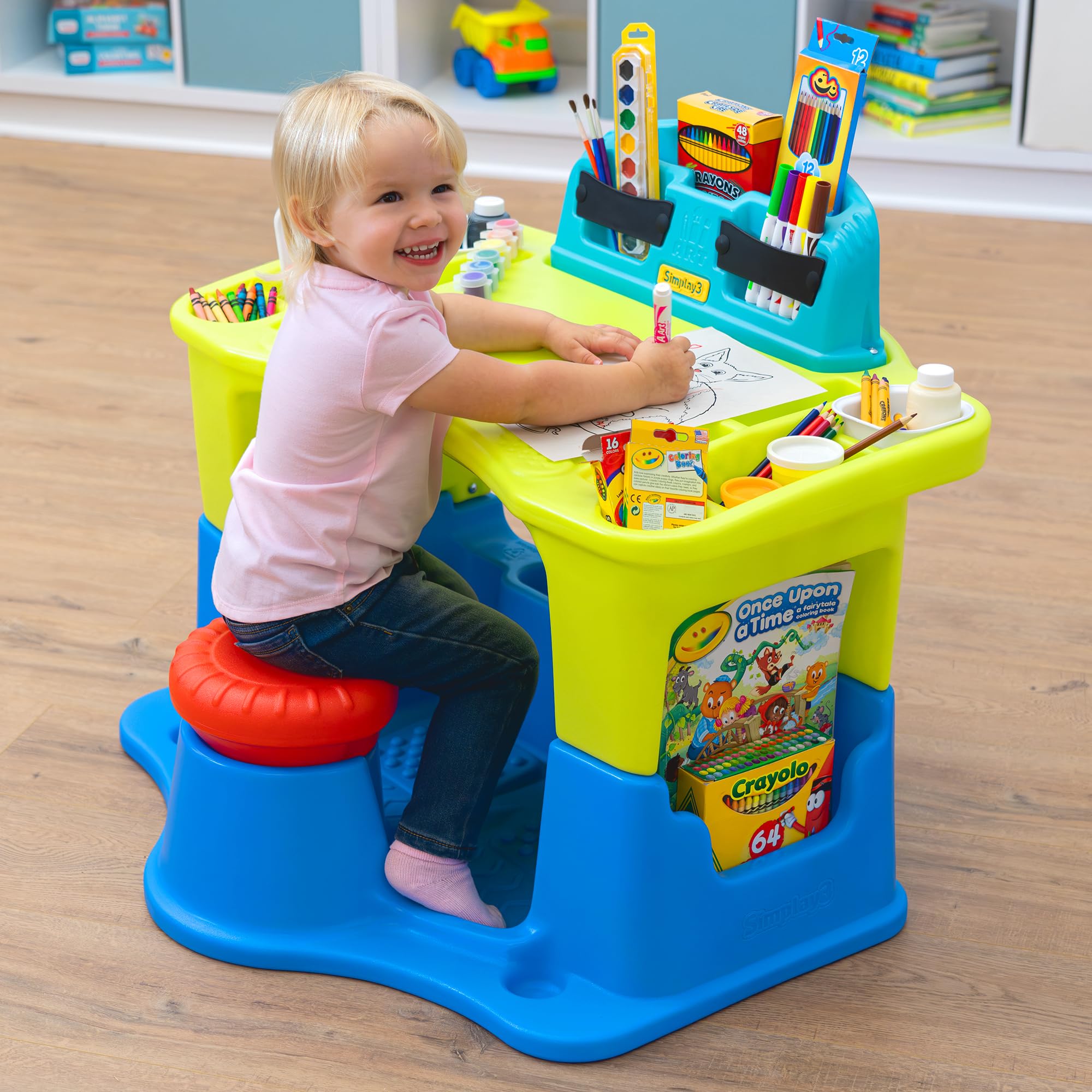 Creative Kids Art Desk Simplay3 Table and Chair Set with Attached Desk Chair, Full Floor and Art Storage