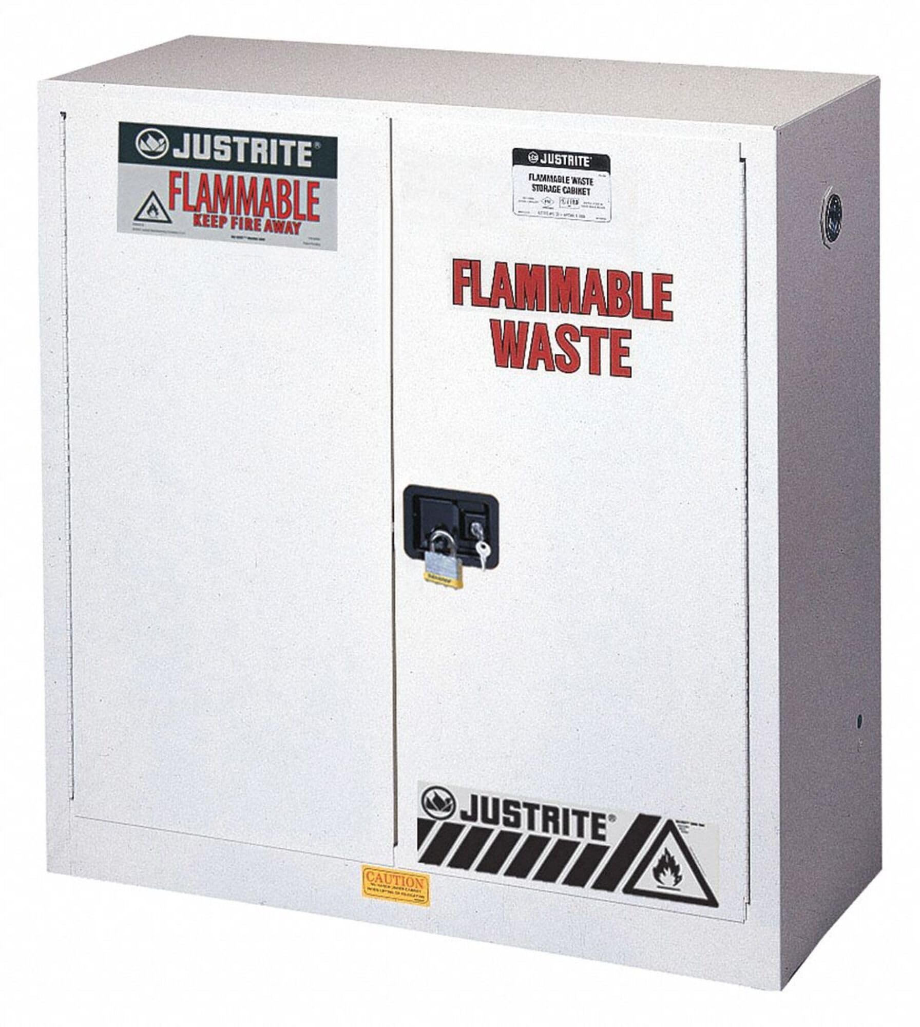 Justrite 2 Door Manual Steel Flammable Waste Safety Cabinet, 45 Gallon Capacity, 43" Width x 65" Height x 18" Depth, 2 Adjustable Shelvess, Made in The USA, White, 8945053