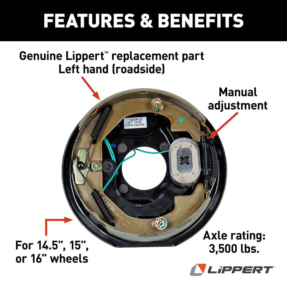 Electric Brake Assembly Replacement for RVs, Left Side, 10" x 2.25"; 3,500 lbs.