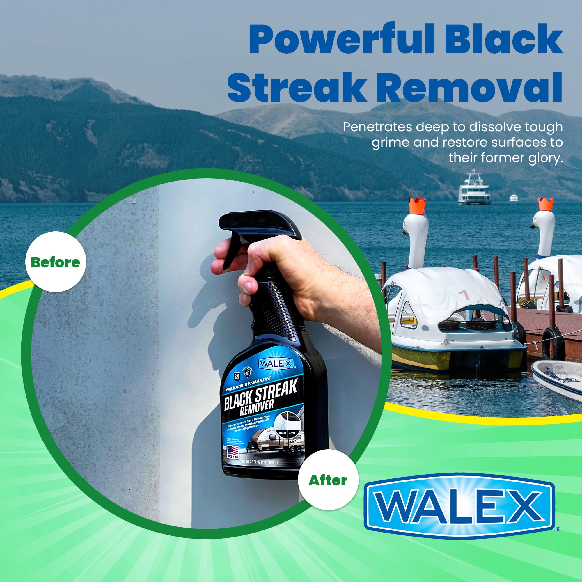 Walex RV/Marine Premium Black Streak Remover - Powerful Exterior Cleaner for RVs, Campers, and Boats, Restores Original Shine, Removes Tough Stains & Scuff Marks, Easy Application, 32 oz