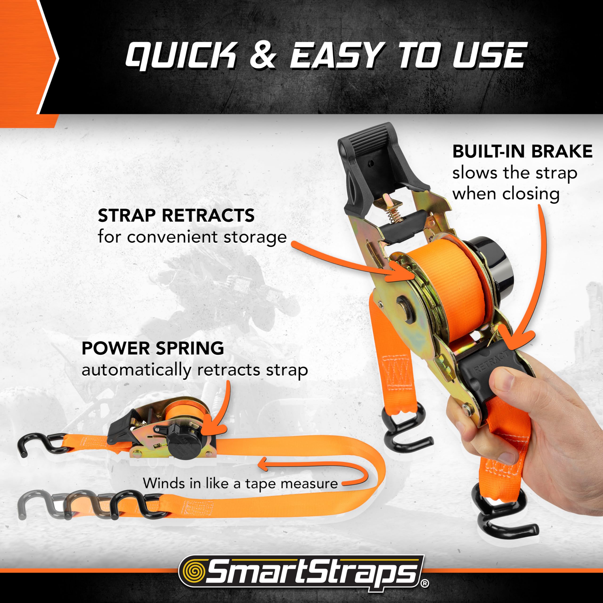 10’ SMARTSTRAPS Retractable Ratchet Straps, 2 Pack – 3,000lb Break Strength, 1,000lb Safe Work Load — Haul Motorcycles, Boats, and Appliances with Patented Technology Heavy Duty Ratchet Straps