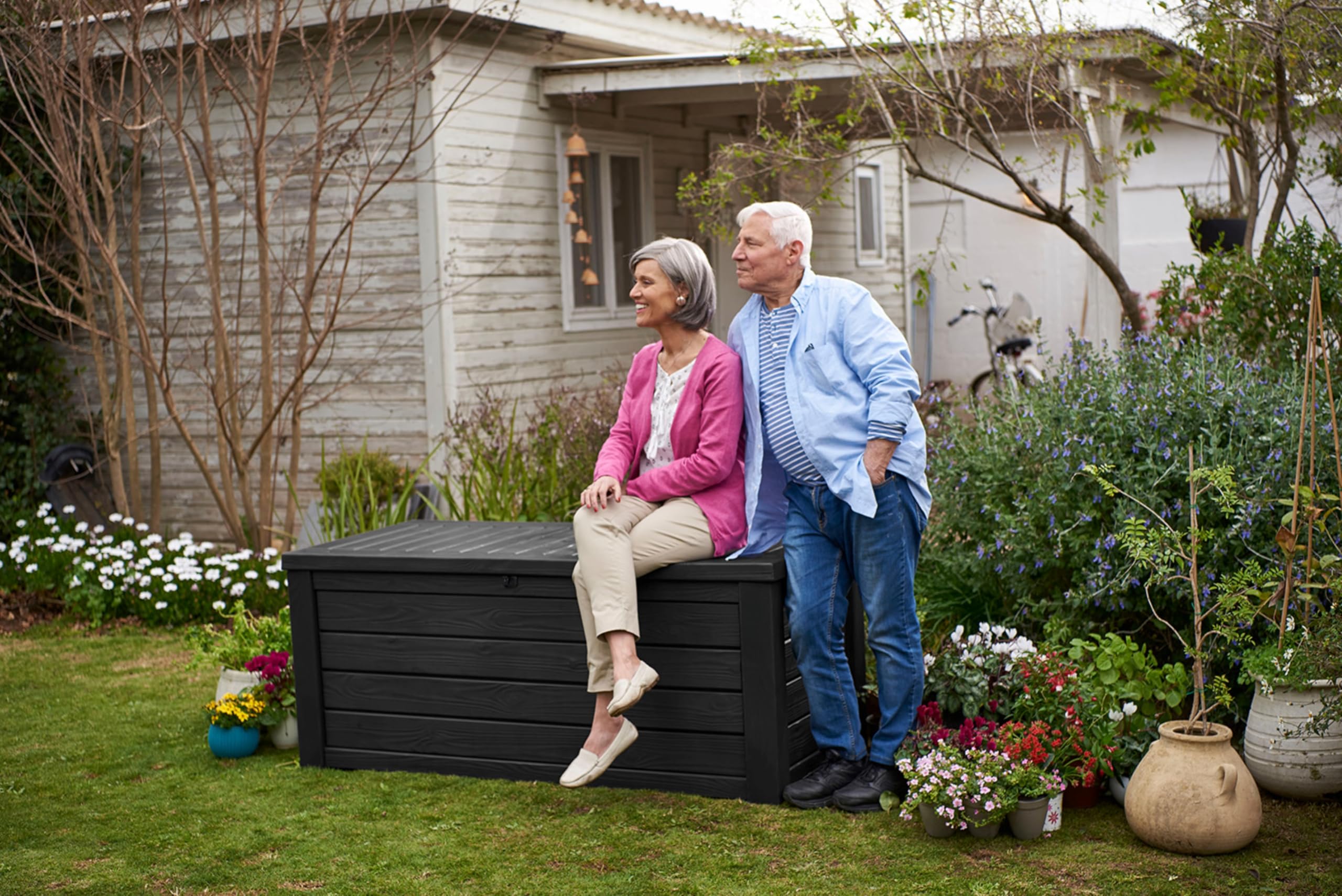 150 Gallon Keter Westwood Large Outdoor Resin Storage Box for Patio Furniture, Outdoor Cushions, Garden Tools and Pool Floats, Dark Grey