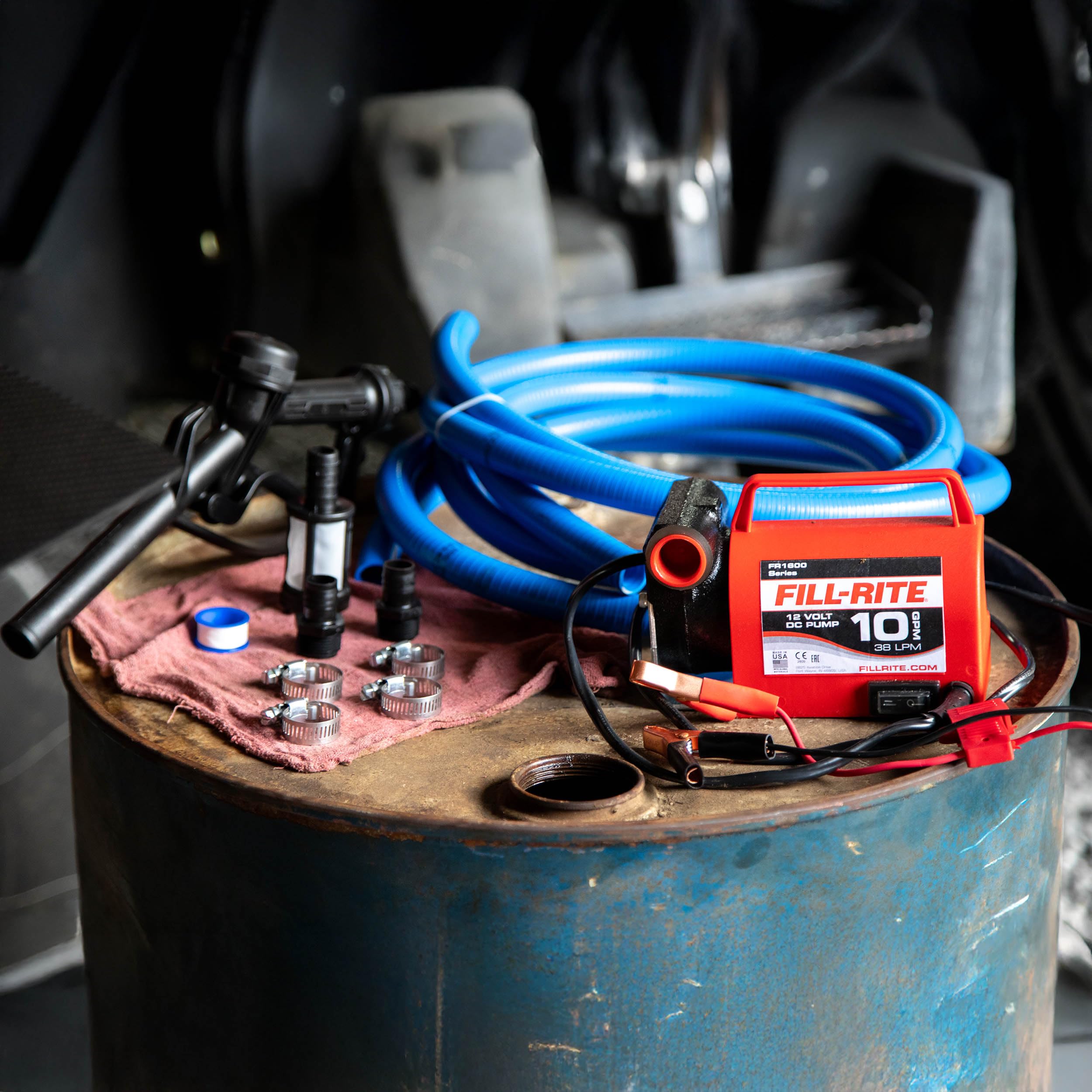 12V Fill-Rite FR1614 10 GPM Portable Fuel Transfer Pump for Diesel and Antifreeze with Suction and Discharge Hoses