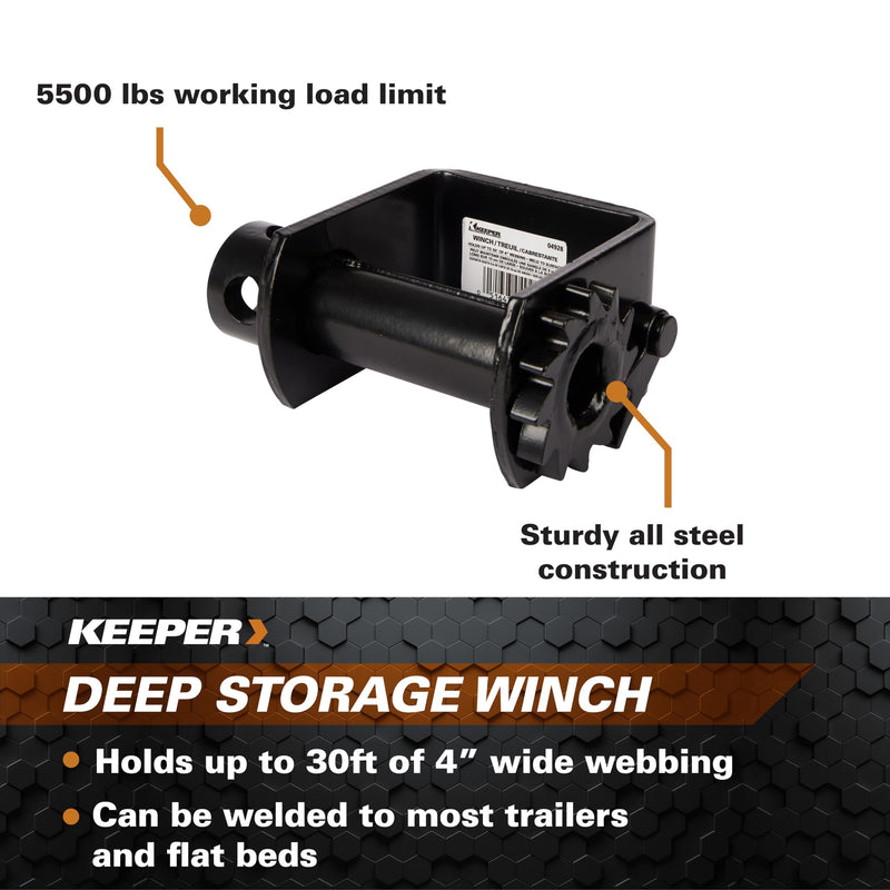 Deep Storage Keeper Winch - Holds up to 4” x 30’ Heavy Duty Webbing - 5,500 Working Load Limit